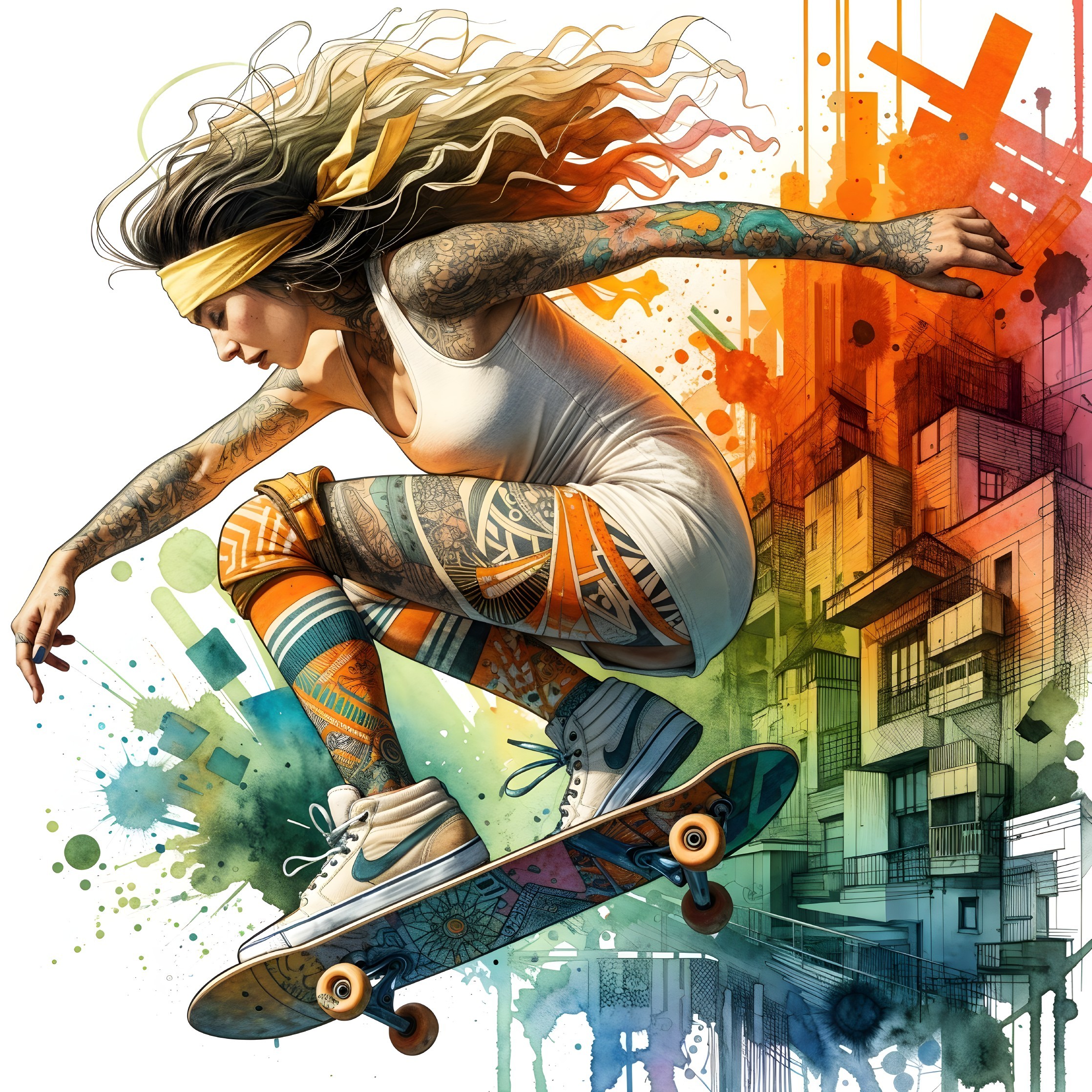Dynamic Female Skateboarder Performing Mid-Air Trick