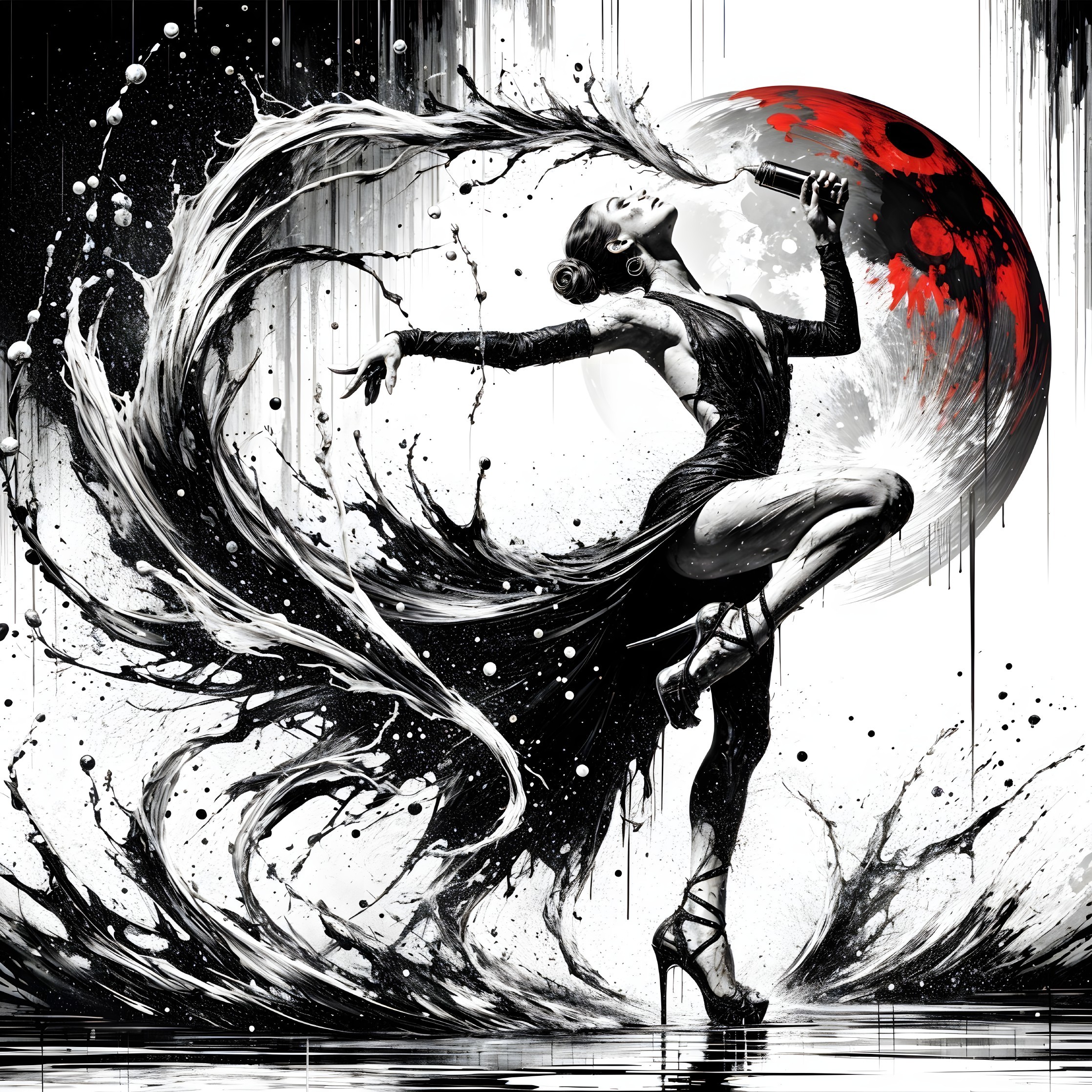 Monochromatic Artwork of Dancer with Dramatic Moon