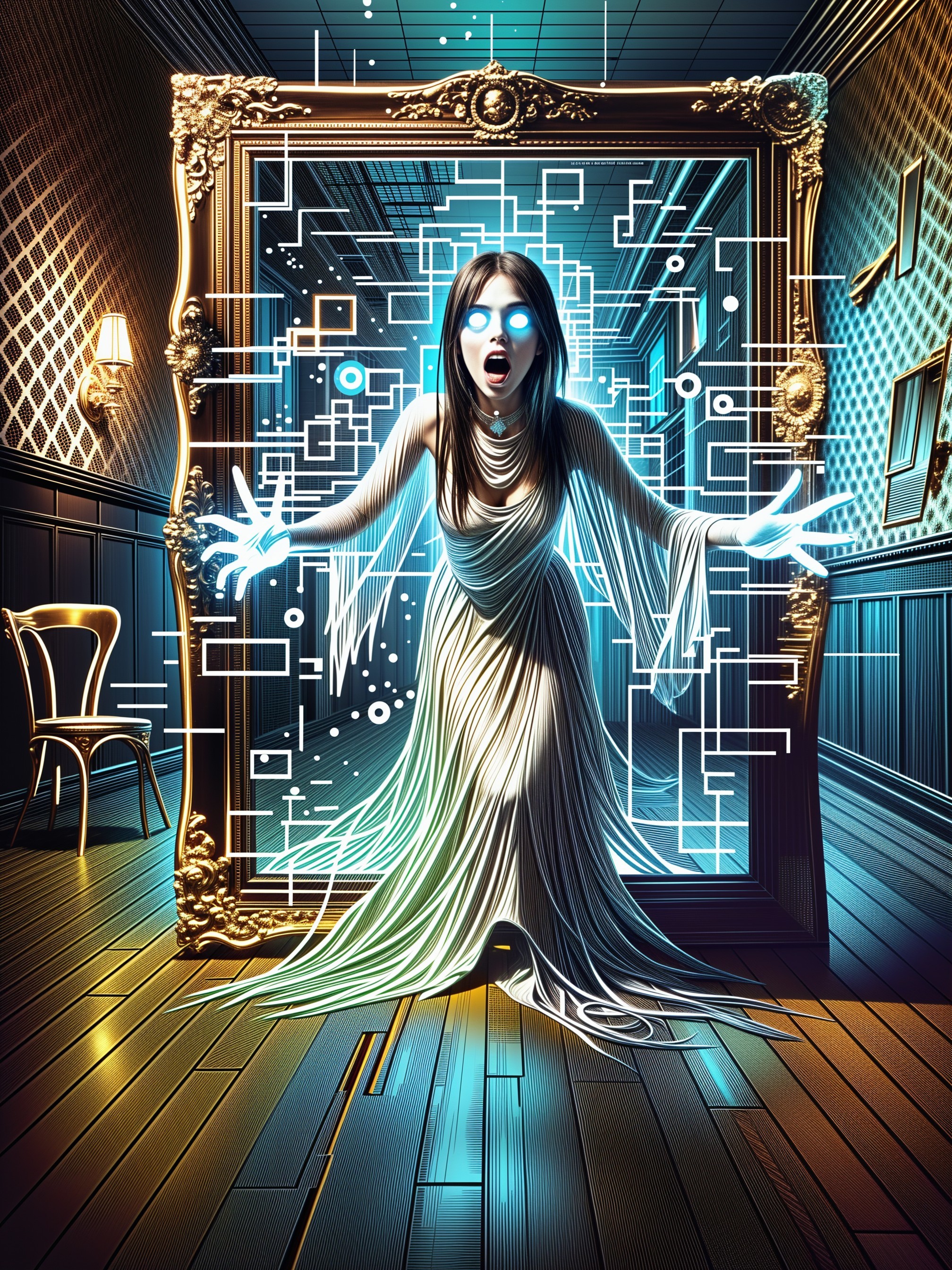Ghostly Figure in Glowing Mirror within Ornate Room