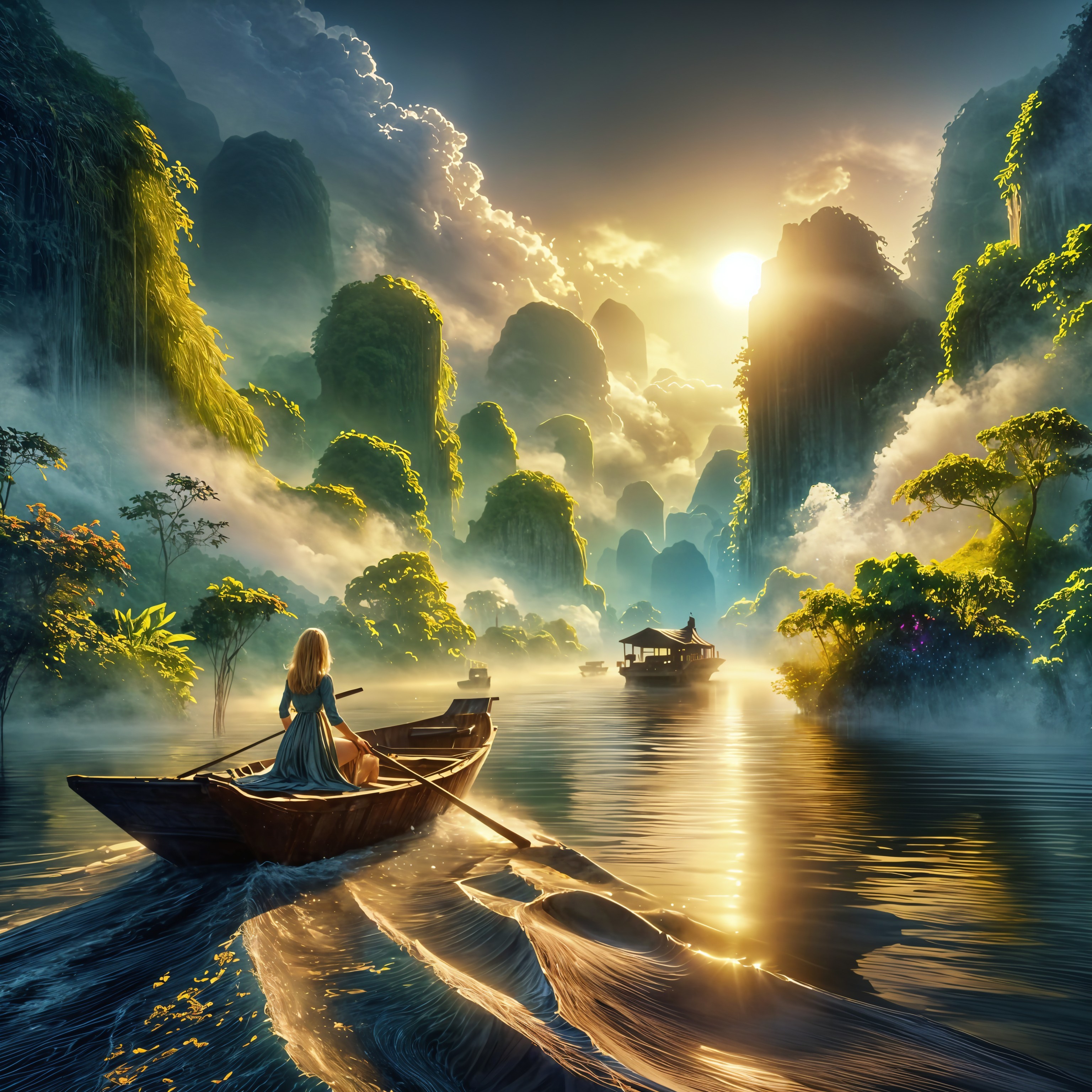Tranquil River Scene with Misty Mountains and Sunrise