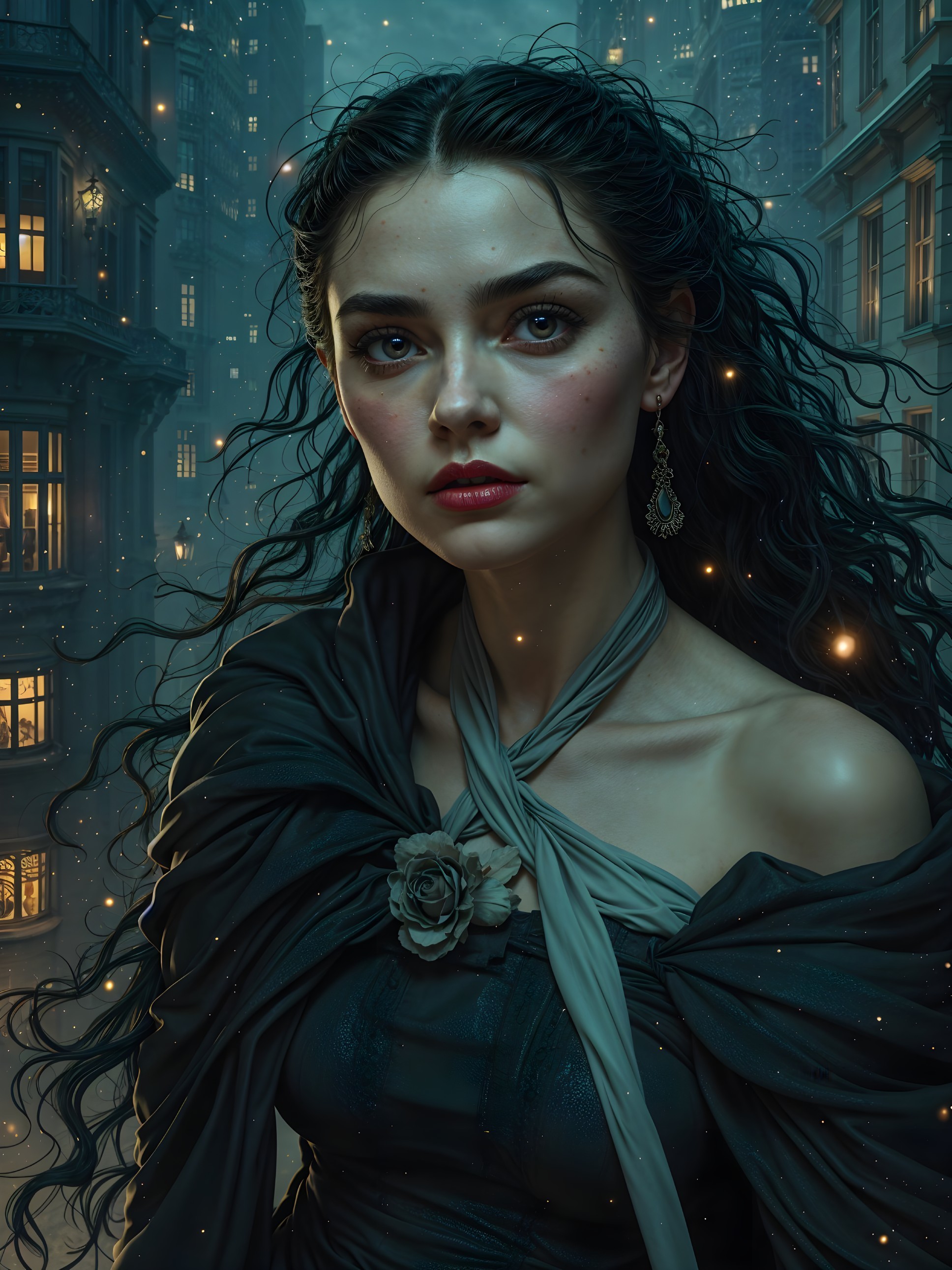 Mysterious Woman in Foggy Cityscape with Cloak