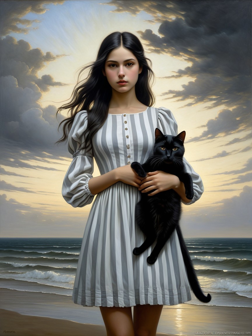 Young Woman with Cat at Sunset on Beach