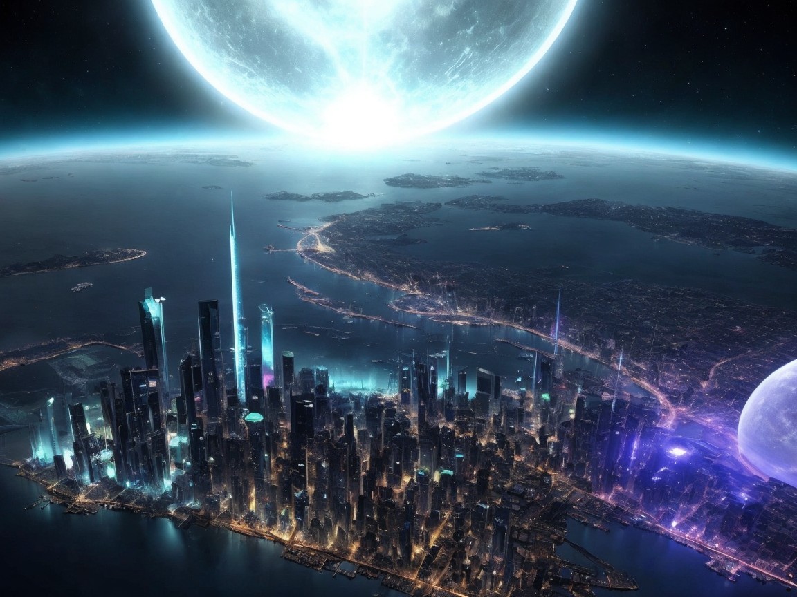 Futuristic cityscape illuminated by a luminous moon