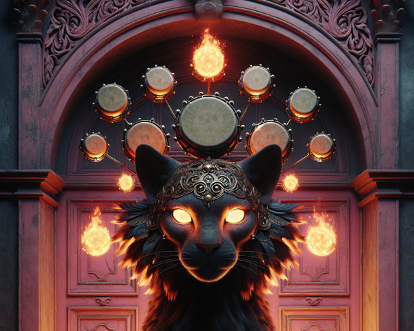 Majestic Feline Figure at Ornate Doorway with Orbs