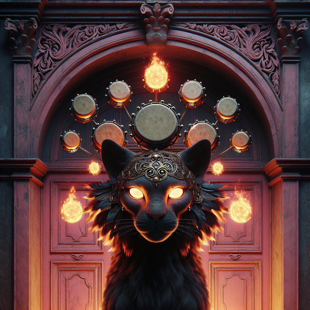 Majestic Feline Figure at Ornate Doorway with Orbs