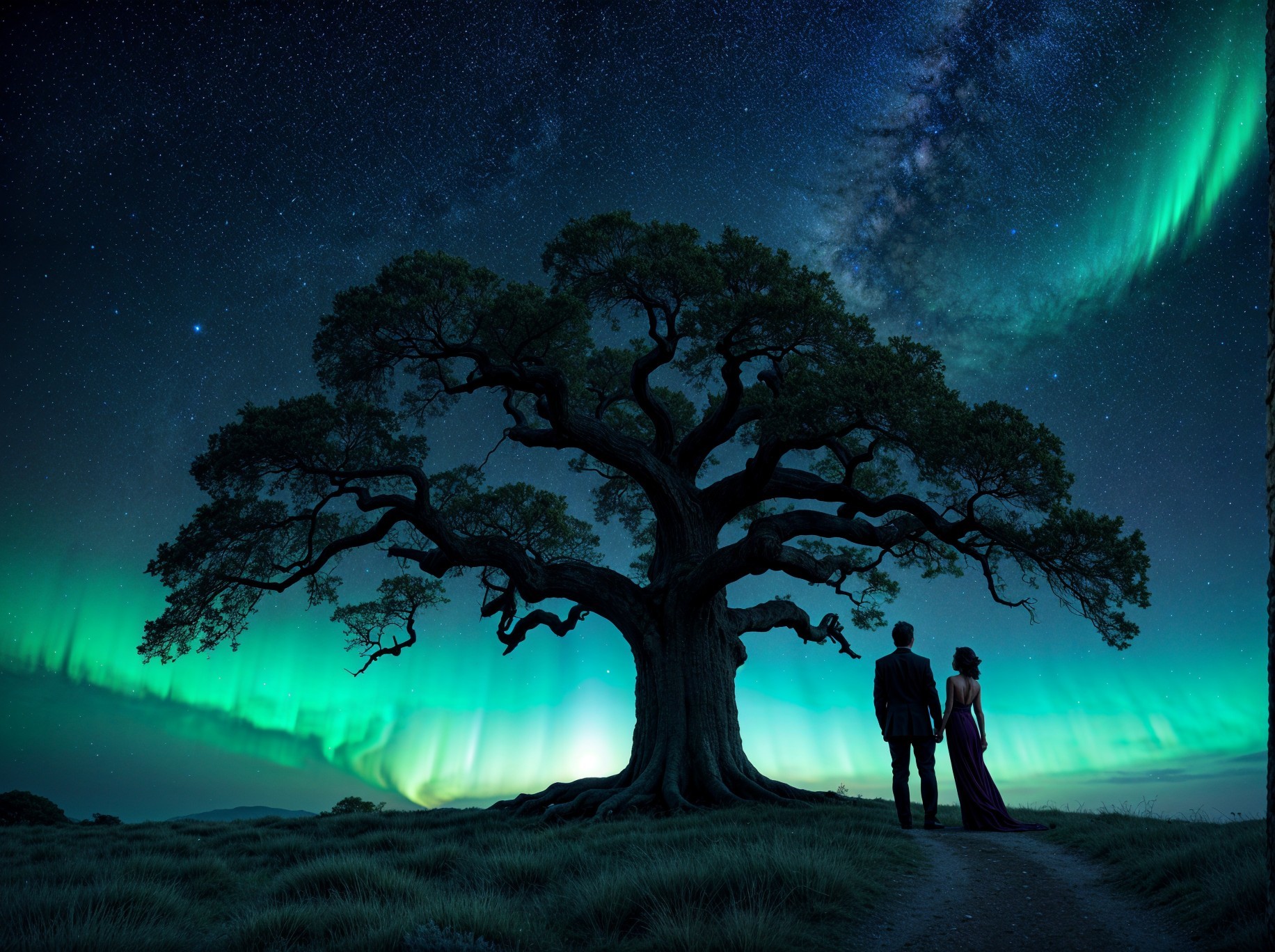 Couple Under Tree Admiring Aurora Borealis Night Sky