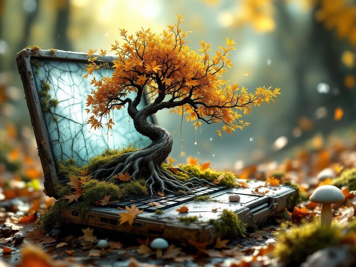 Whimsical Laptop Scene with Vibrant Tree and Foliage