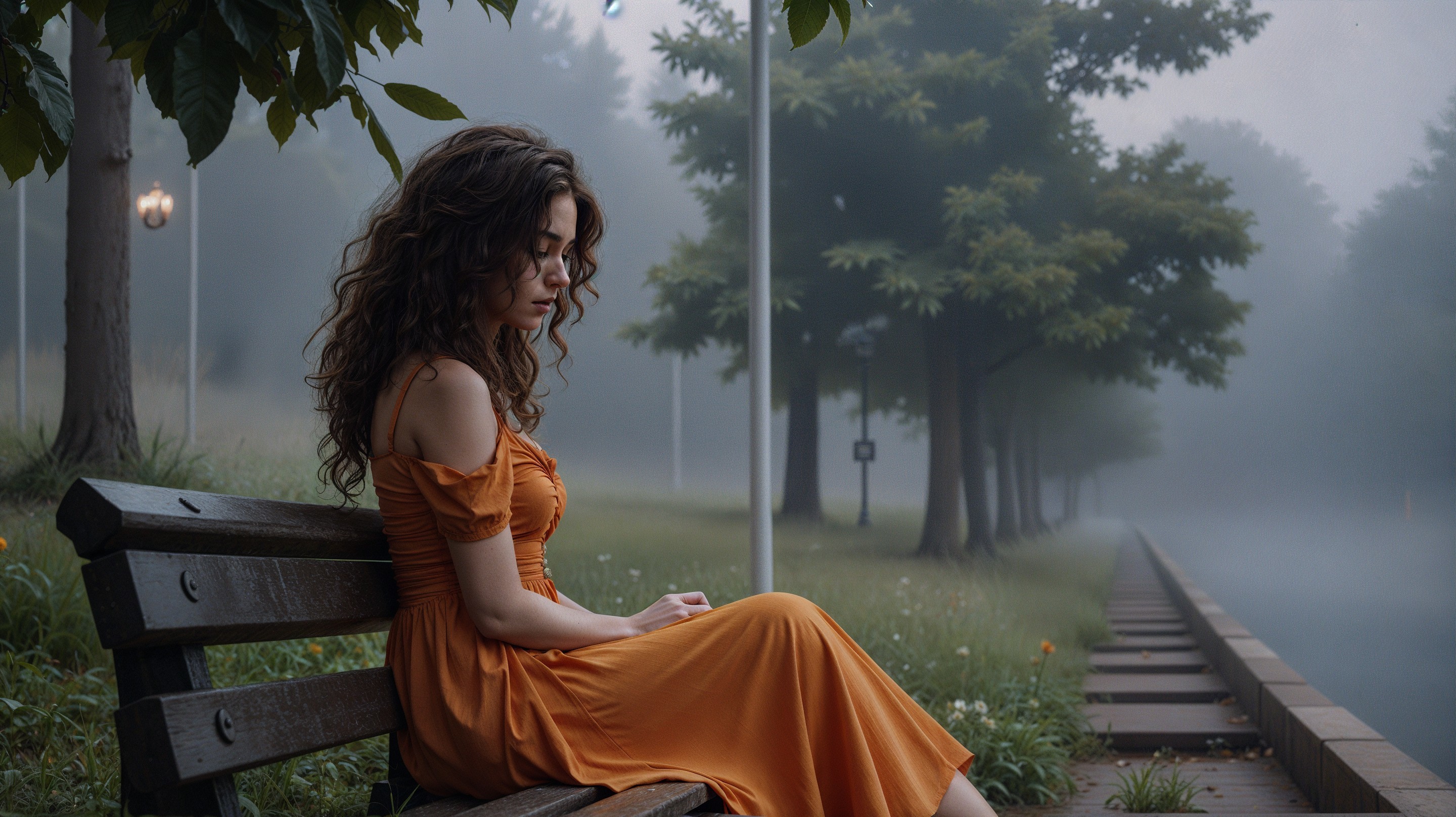 Young woman in orange dress on a misty bench