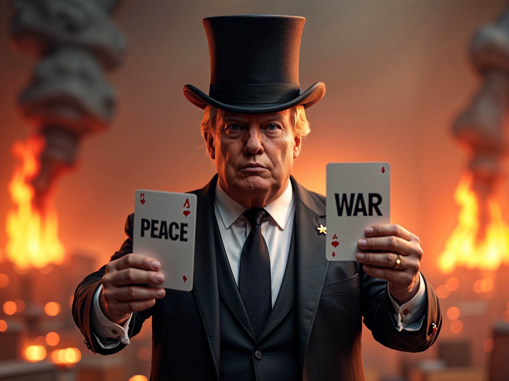 Stern Figure in Tuxedo with Peace and War Cards