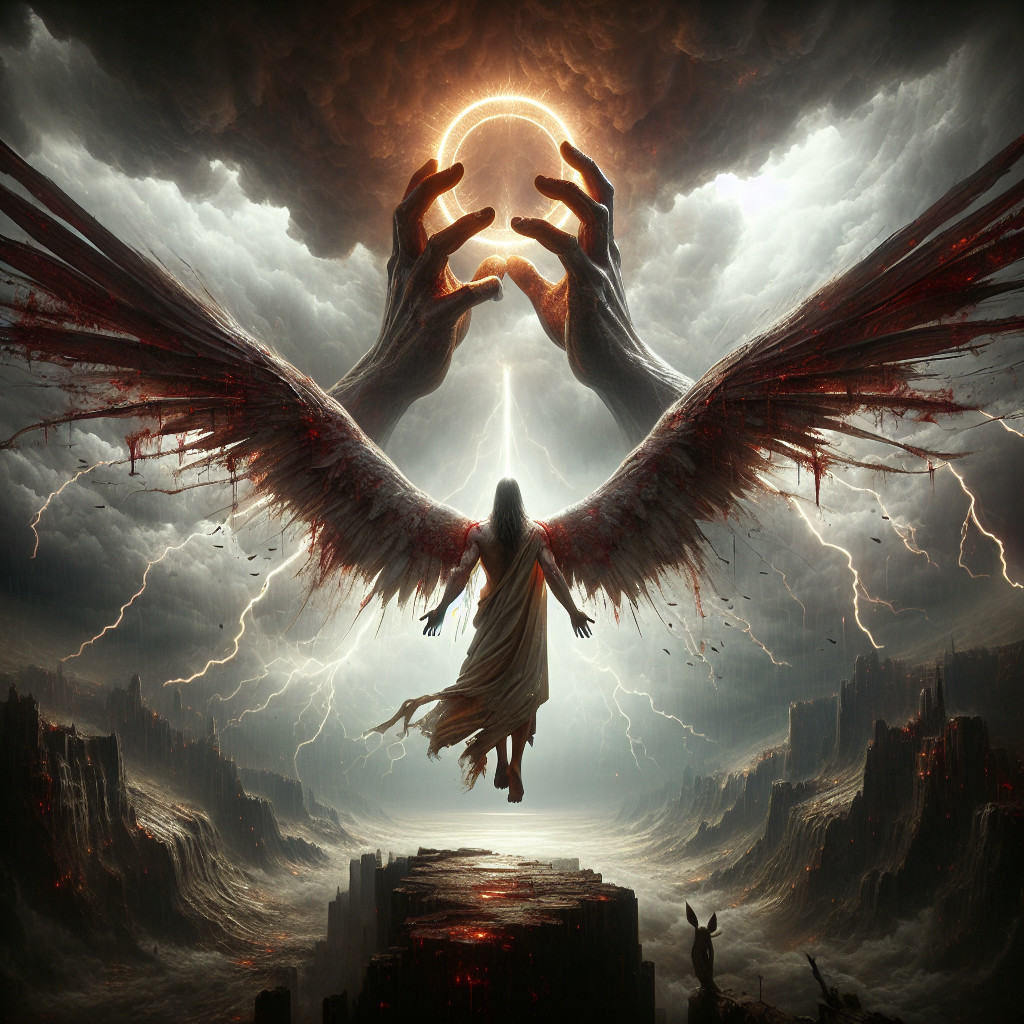 Dramatic Scene of Winged Figure in Stormy Sky