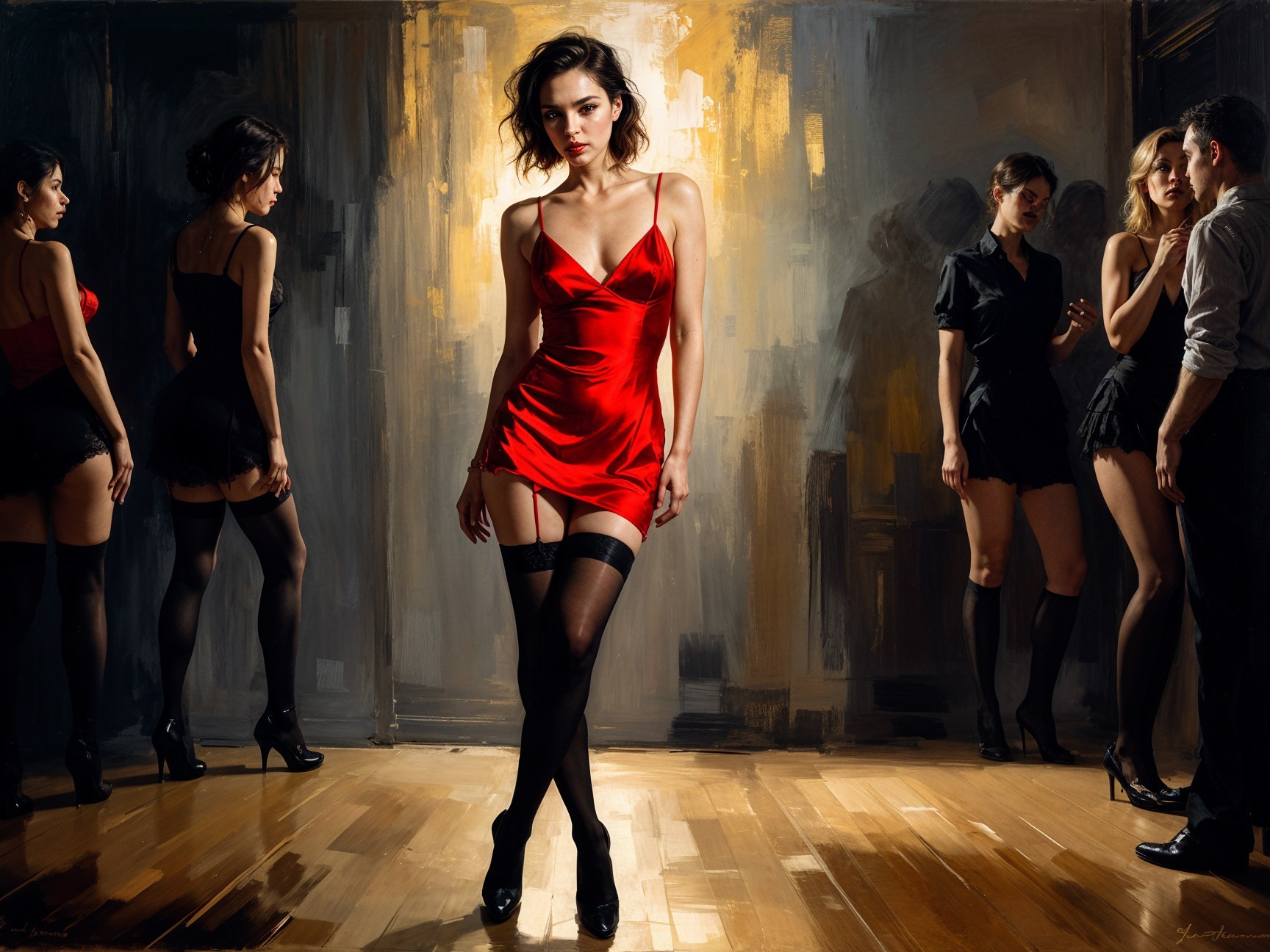 Confident Woman in Red Dress in Dramatic Setting