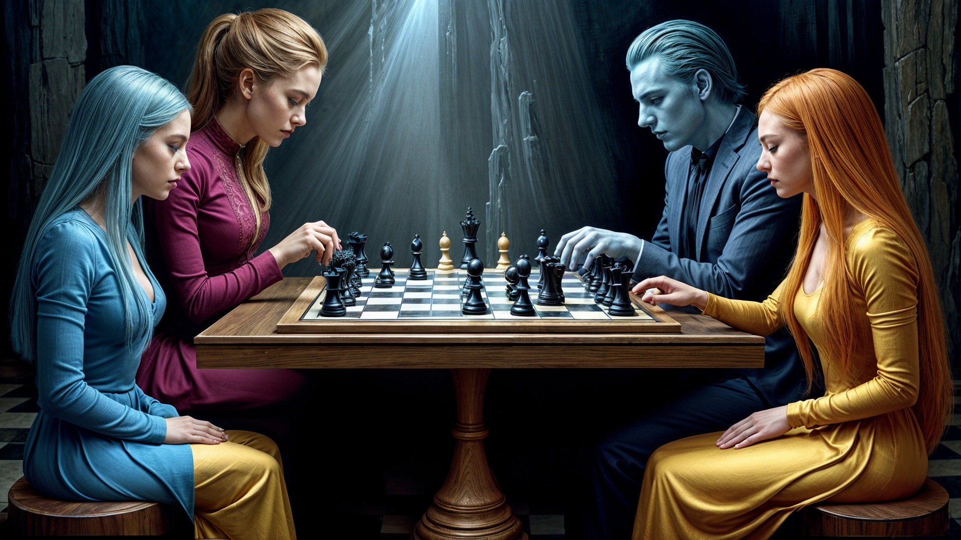 Tension-Filled Chess Match in Dimly Lit Room