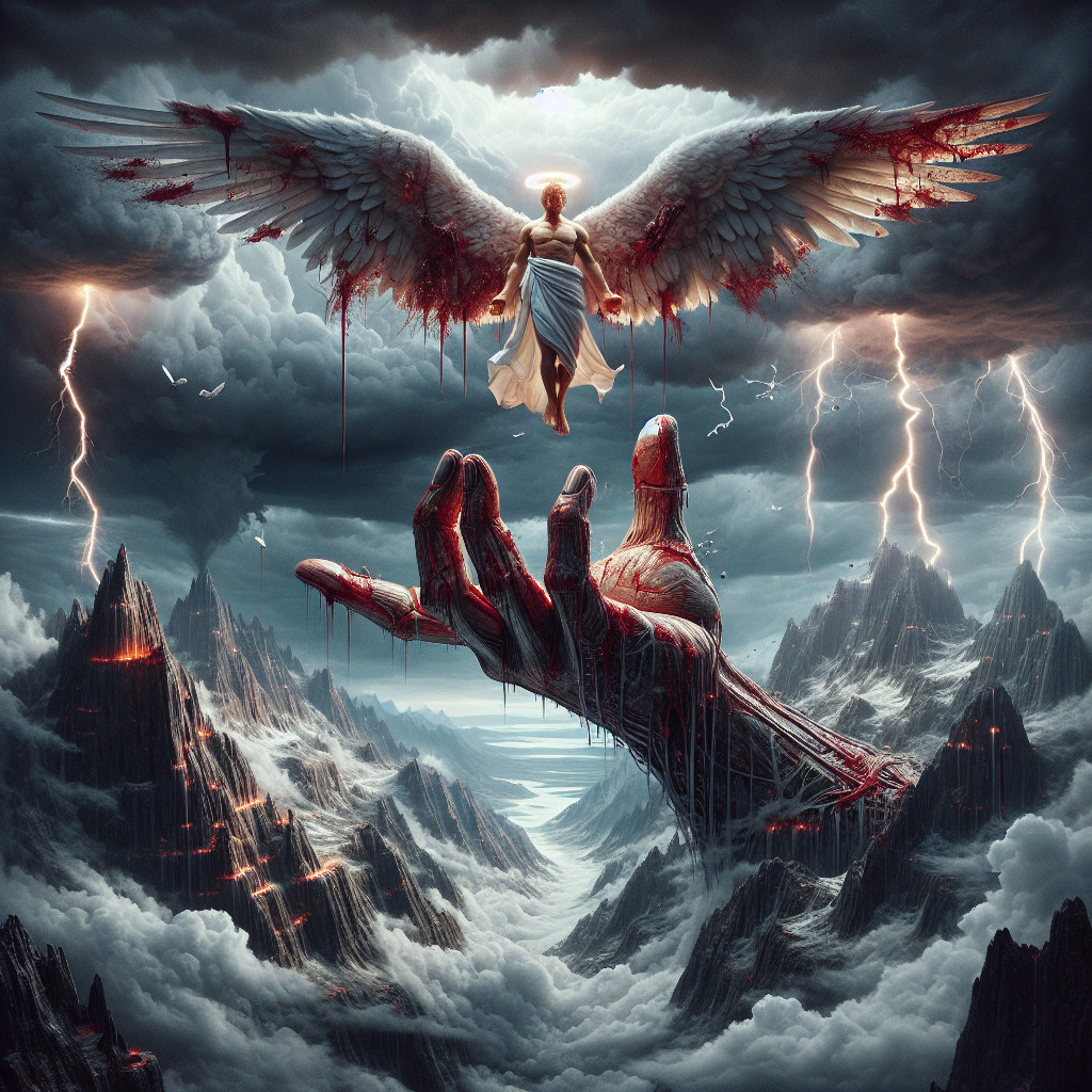 Celestial Figure Overlooks Stormy Landscape and Robot Hand