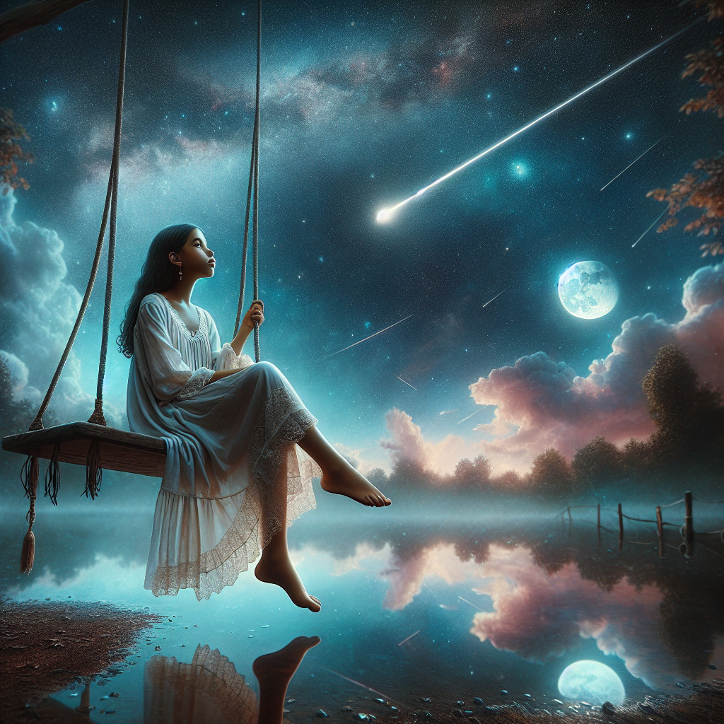 Young girl on swing by tranquil lake under stars