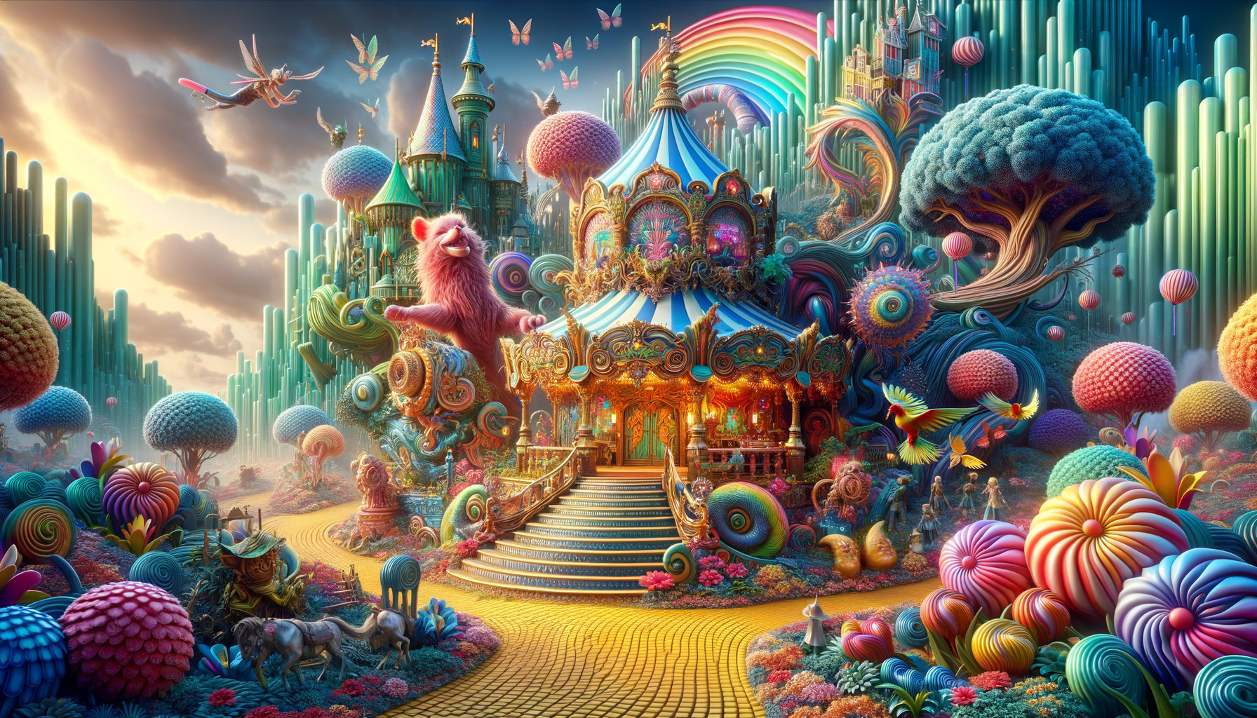 Whimsical Landscape with Carousel and Colorful Flora