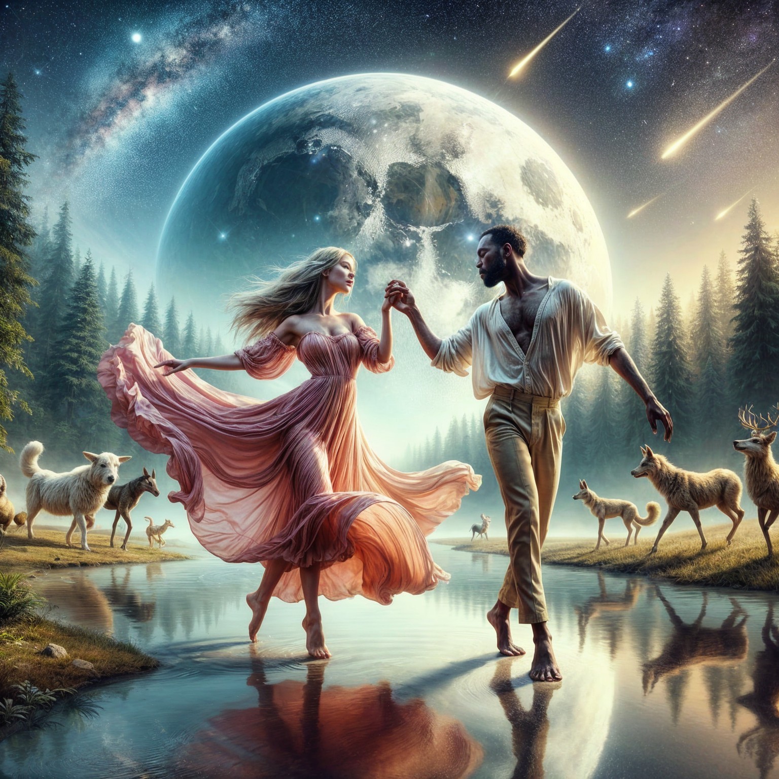 Couple Dancing by a Moonlit River with Ethereal Animals