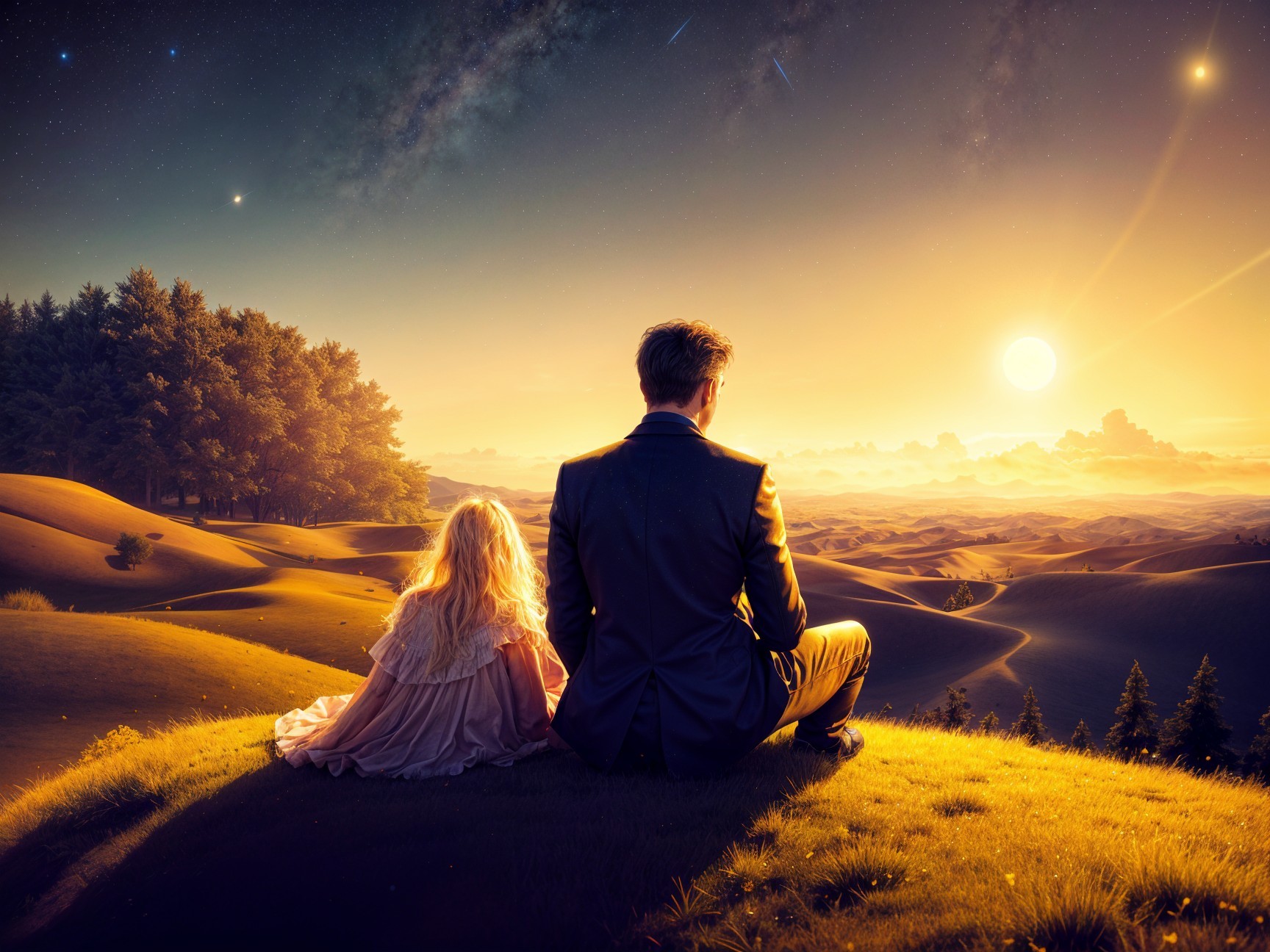 Child and adult enjoying sunset on grassy hill
