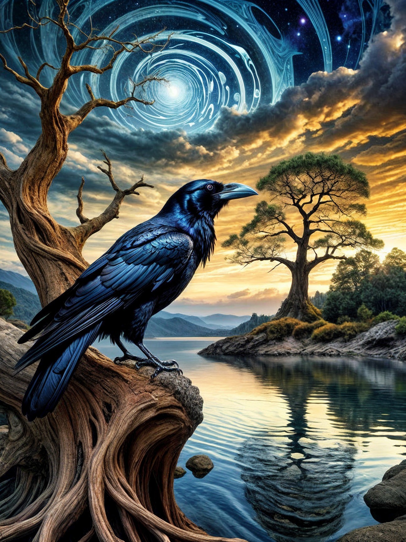 Raven on a Tree Against a Dramatic Landscape