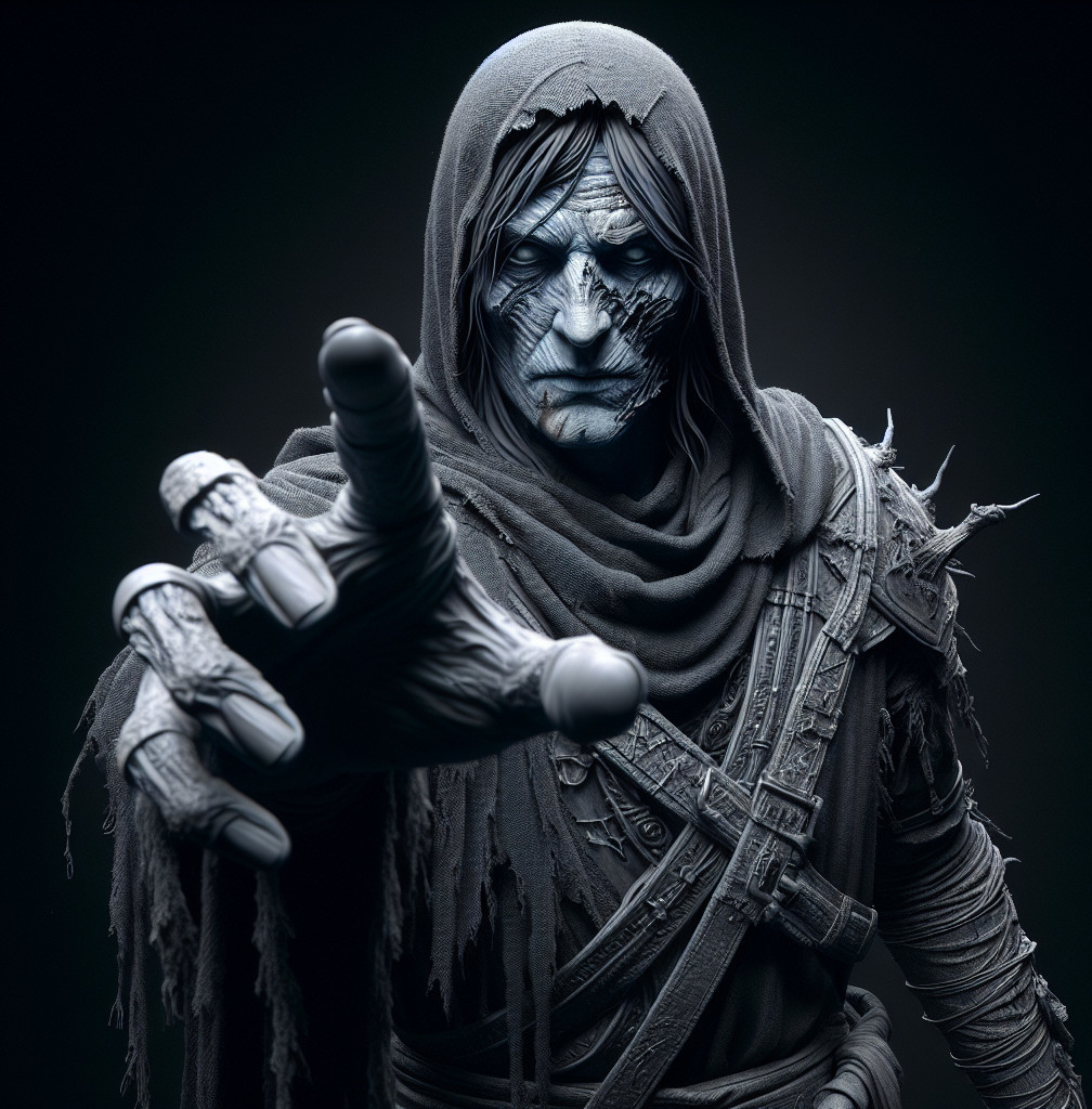 Cloaked figure with sinister face and elongated fingers