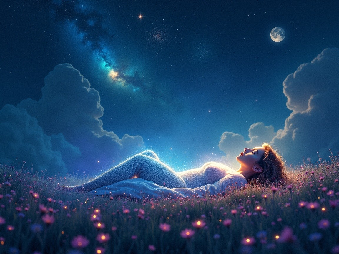 Woman in a Flower Field Under a Starry Sky