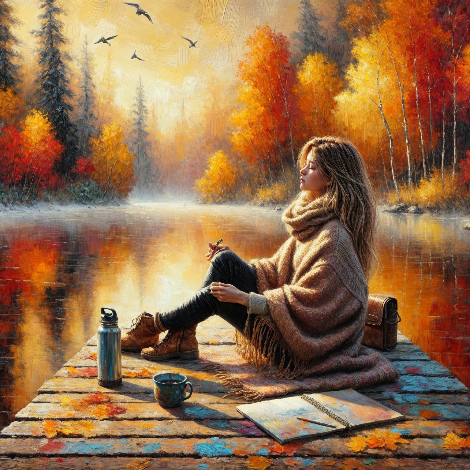 Autumn Scene with Woman by Tranquil Lake and Foliage