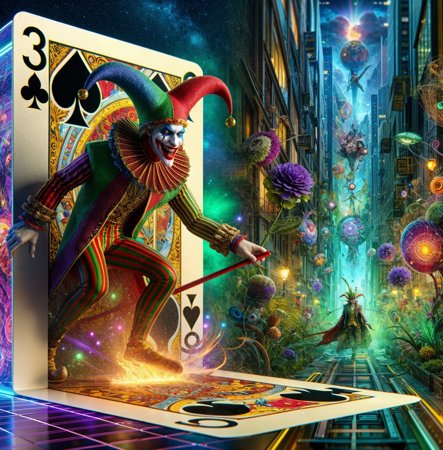 Colorful Jester in Fantasy Cityscape with Surreal Elements