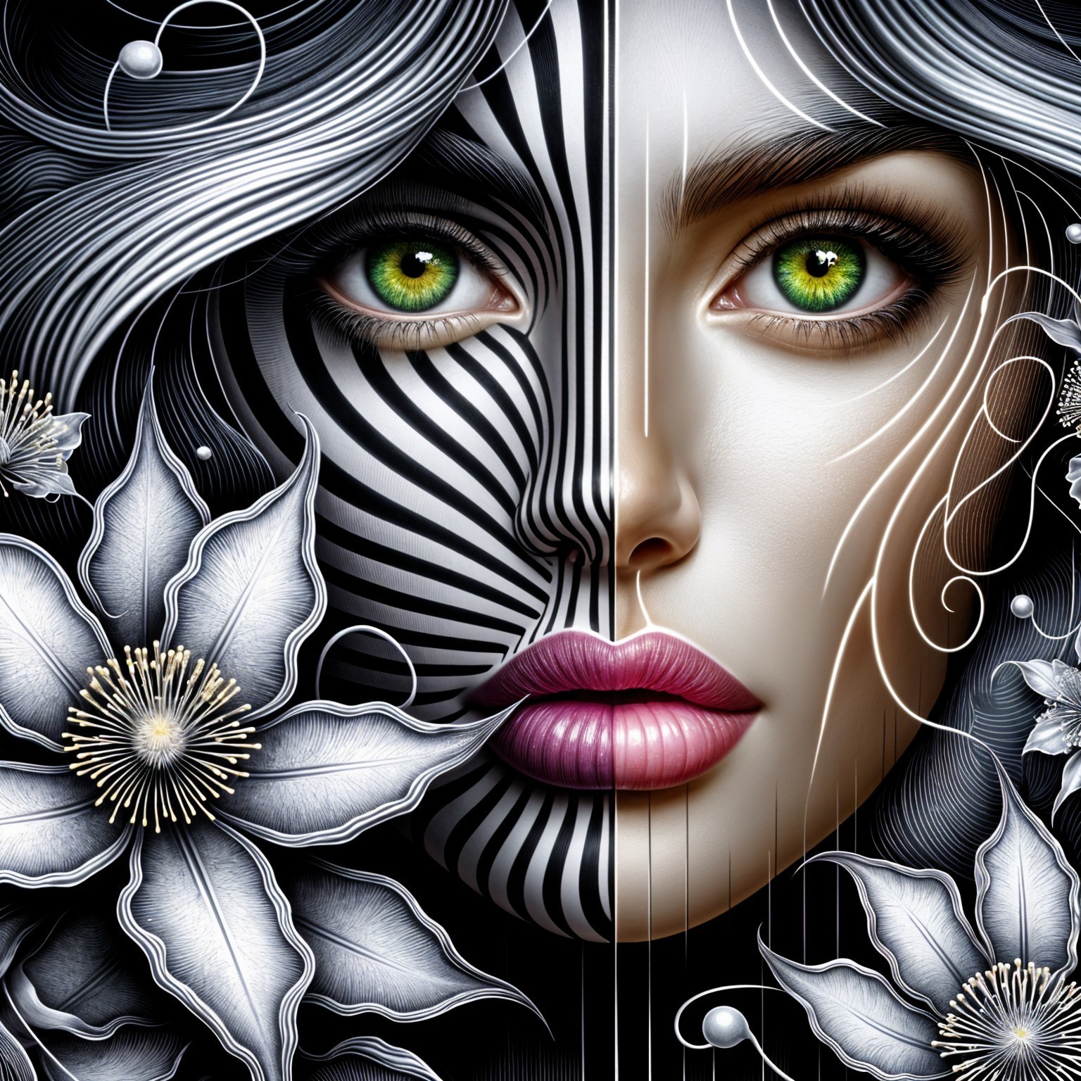 Split-Faced Woman with Realism and Abstract Elements