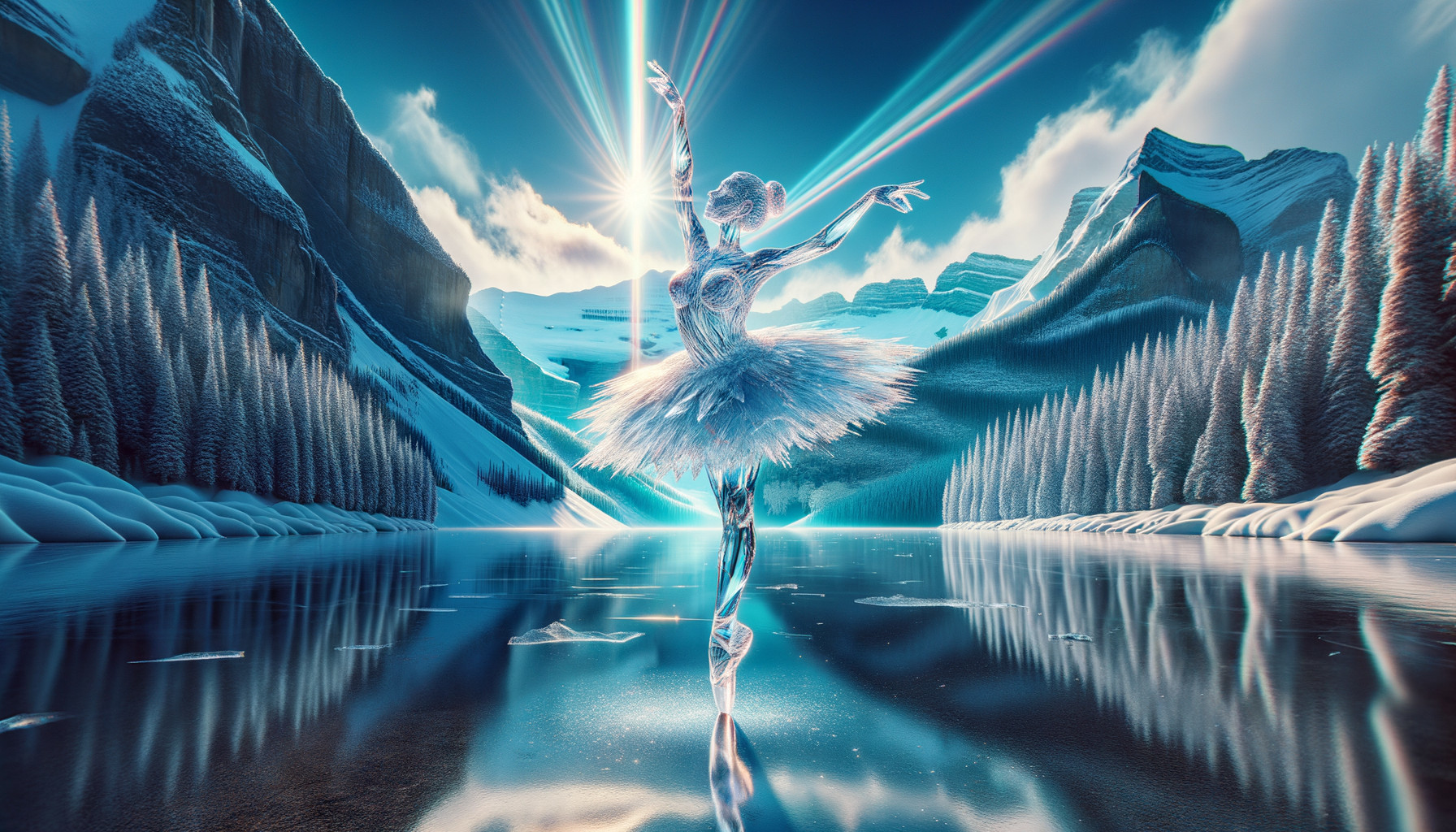 Translucent Ballerina Dancing on Frozen Lake Scene