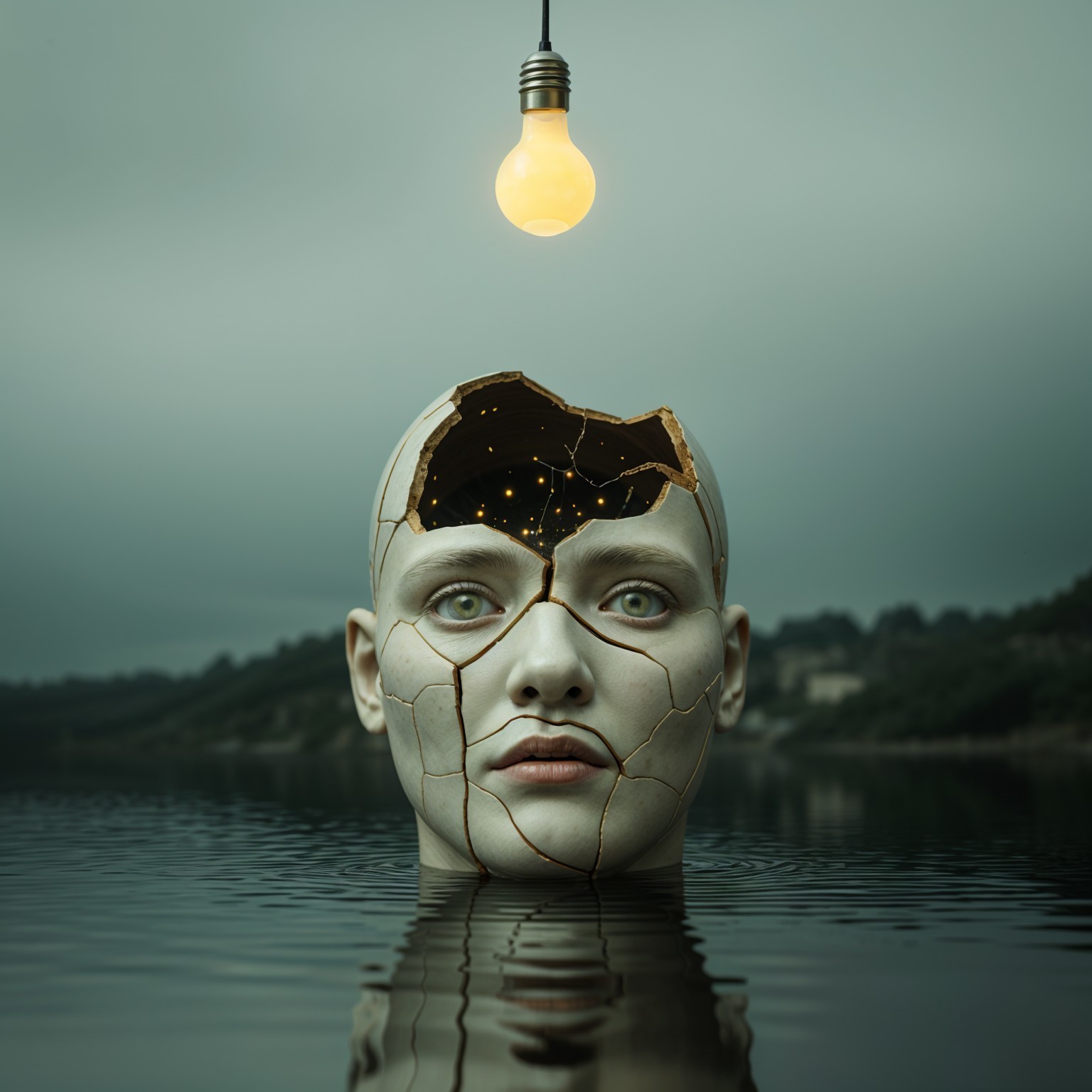 Surreal Scene of Humanoid Figure in Still Water