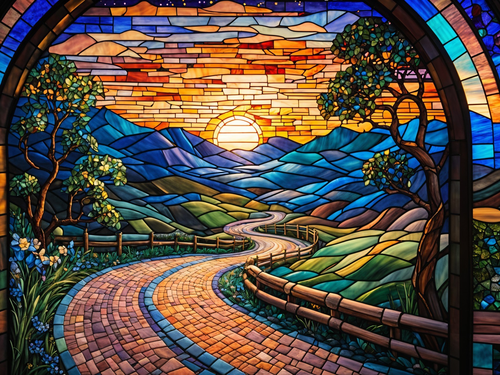 Colorful Stained Glass Artwork of Rolling Hills and Sunrise