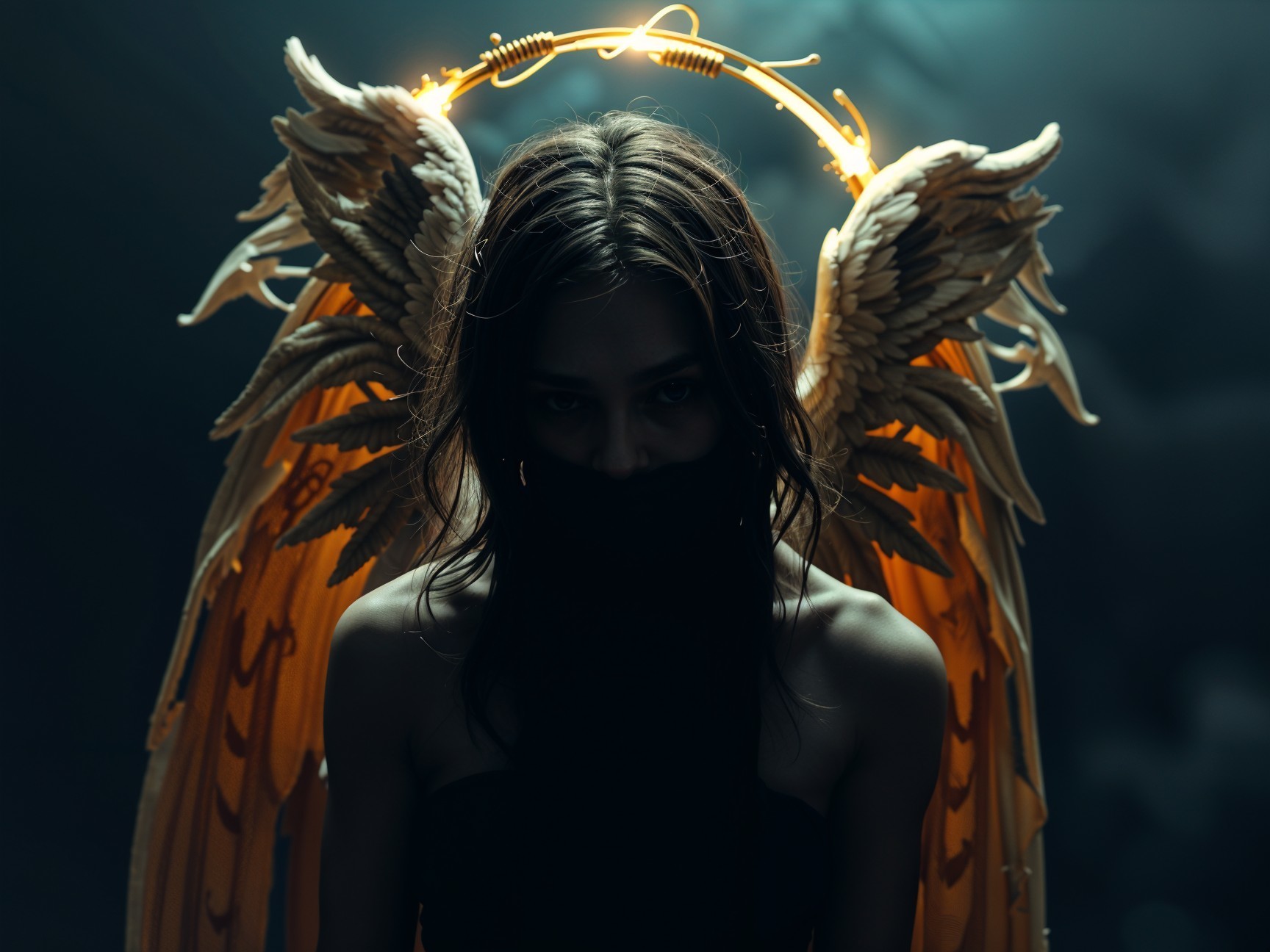 Mysterious Figure with Golden Wings in Dim Light
