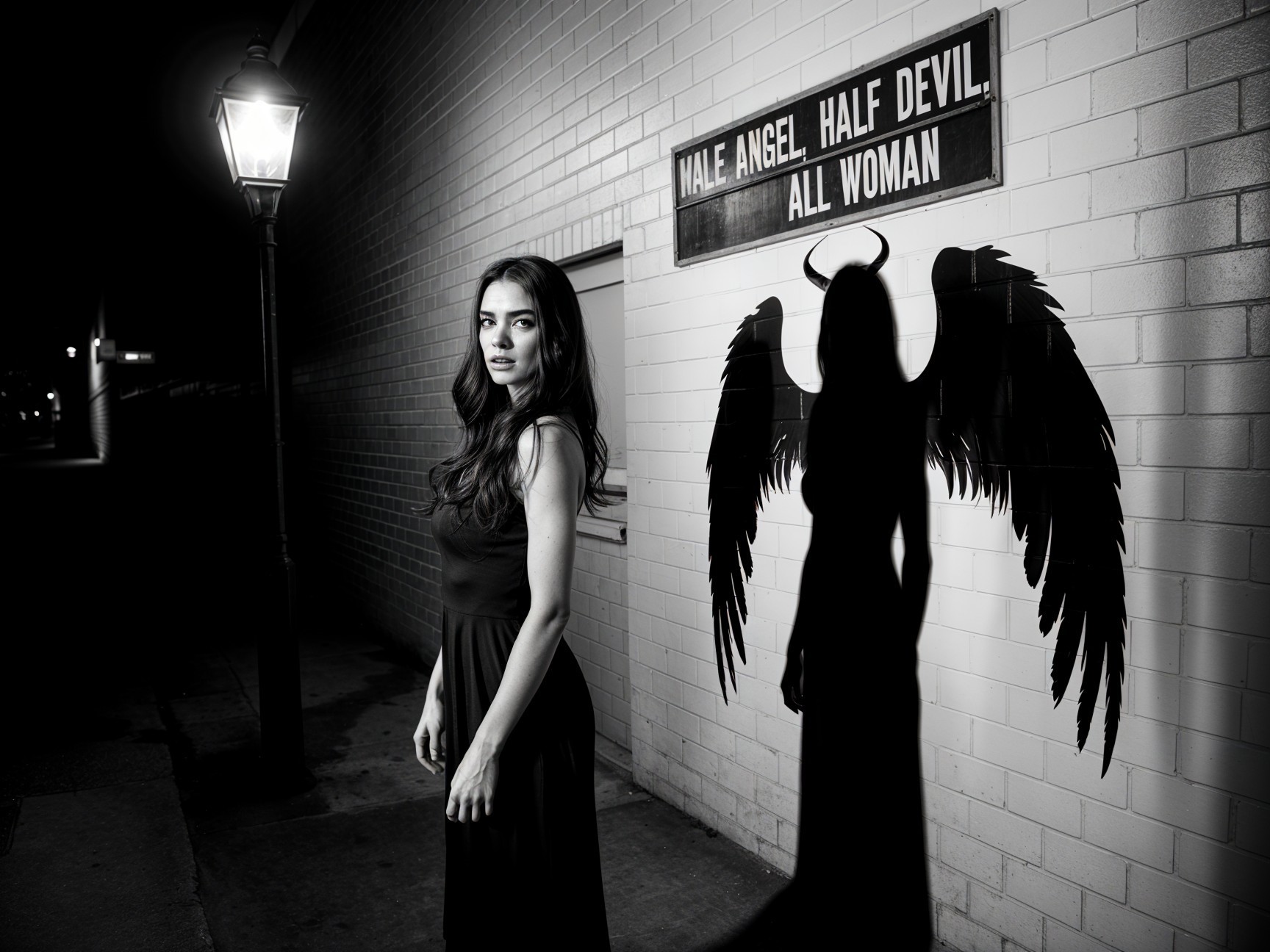 Black-and-White Image of Woman with Angelic Shadow