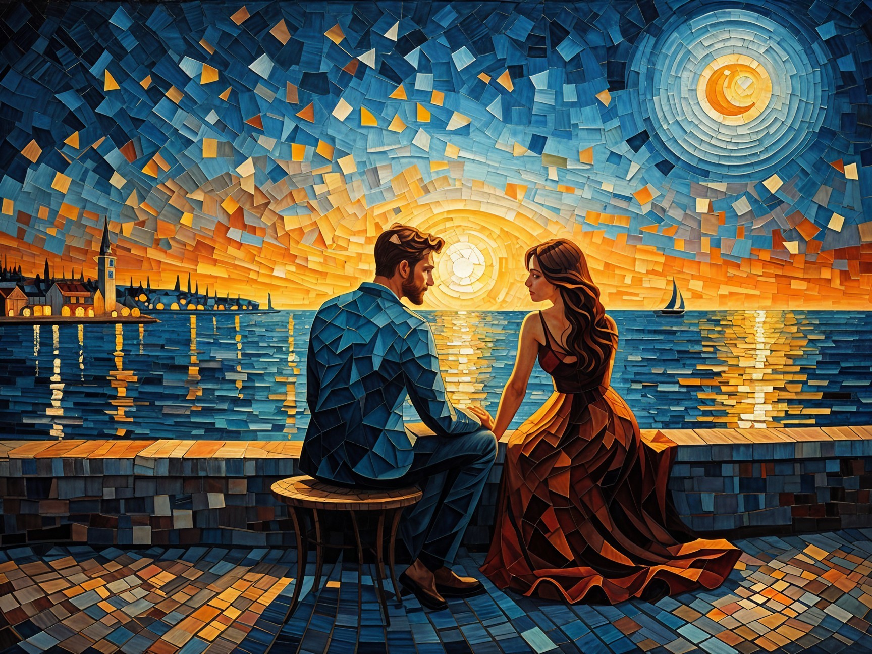 Mosaic Artwork of Couple by Serene Waterfront Sunset