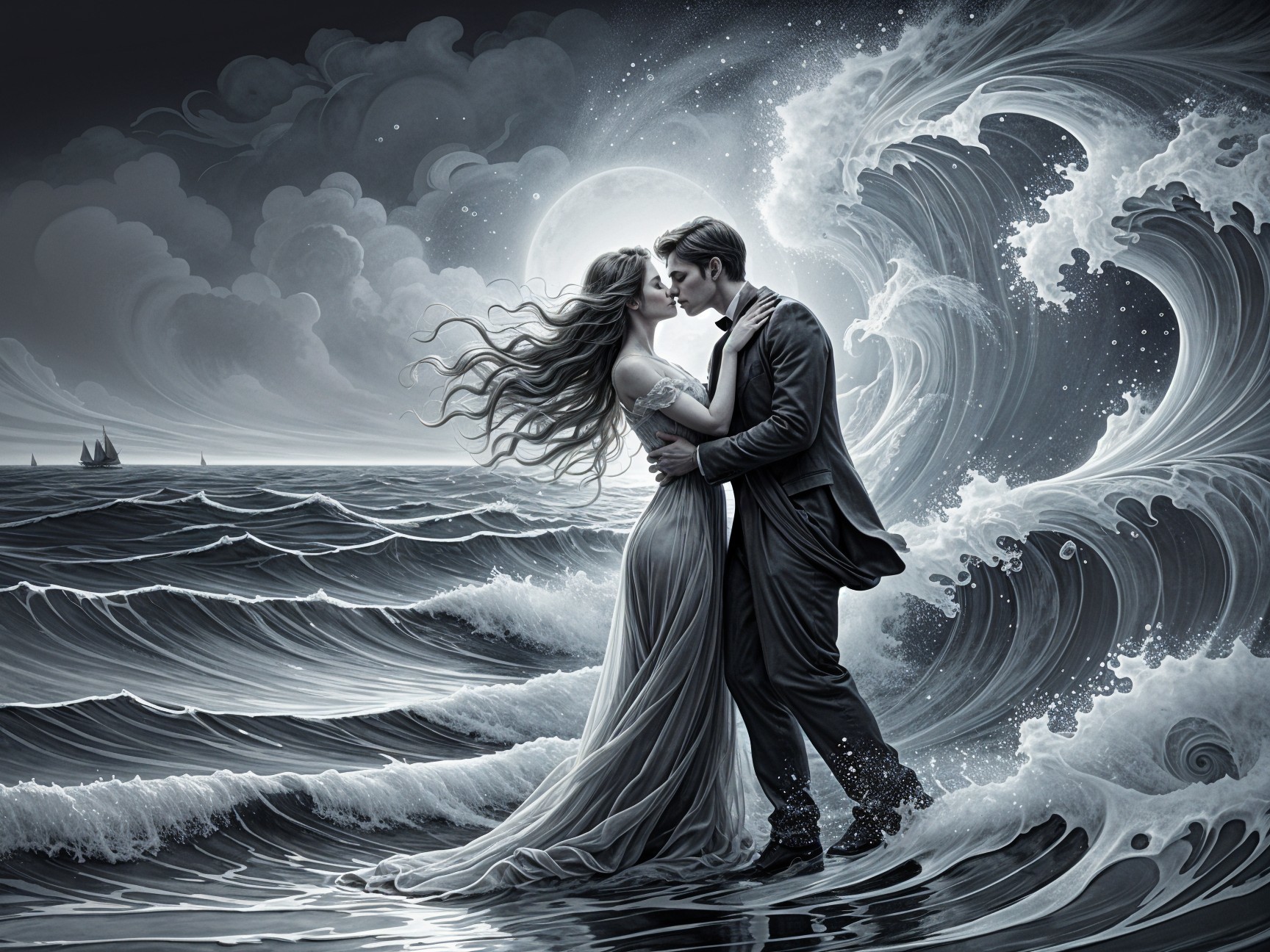 Couple Kissing in Dramatic Seascape at Night