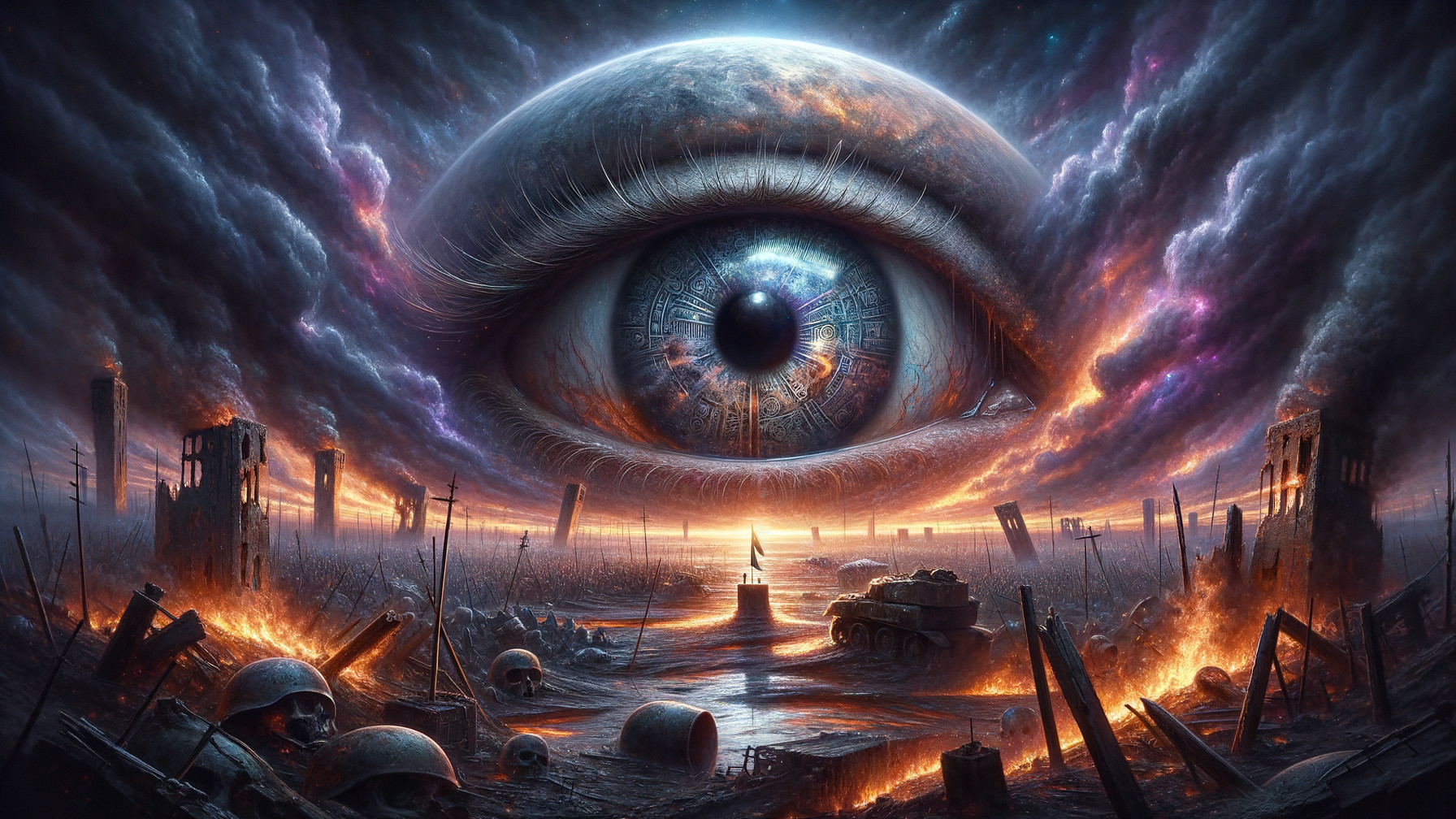 Dystopian Landscape with Oversized Eye and Desolation
