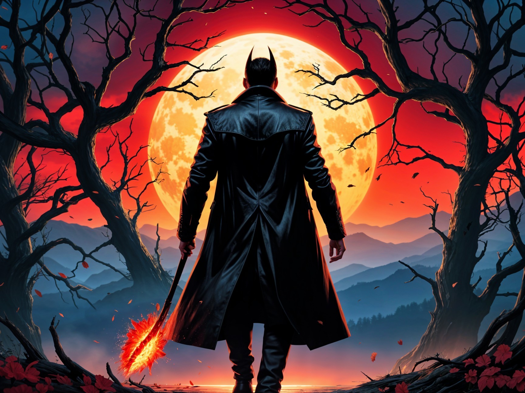 Mysterious Figure with Fiery Weapon Under Full Moon