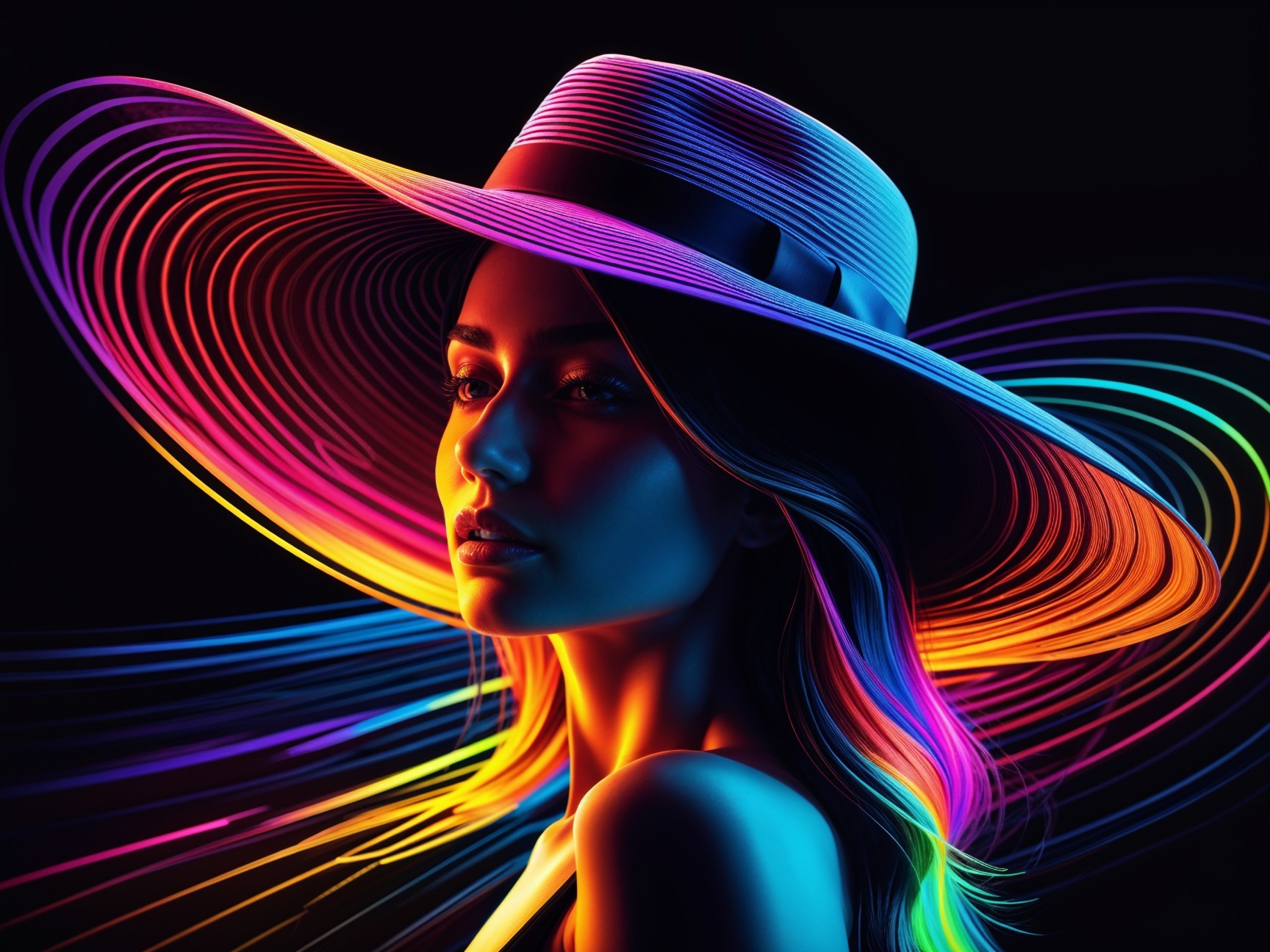 Portrait of a Woman in a Wide-Brimmed Hat with Colorful Light