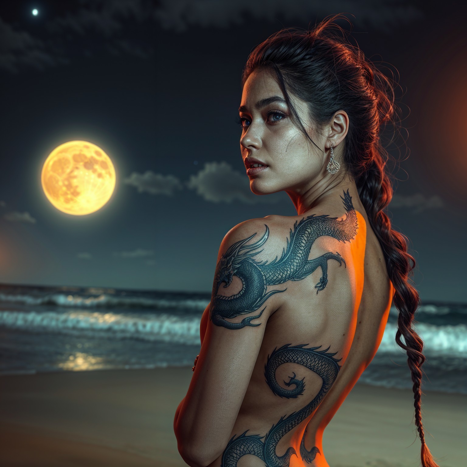 Woman with Dragon Tattoo on Moonlit Beach