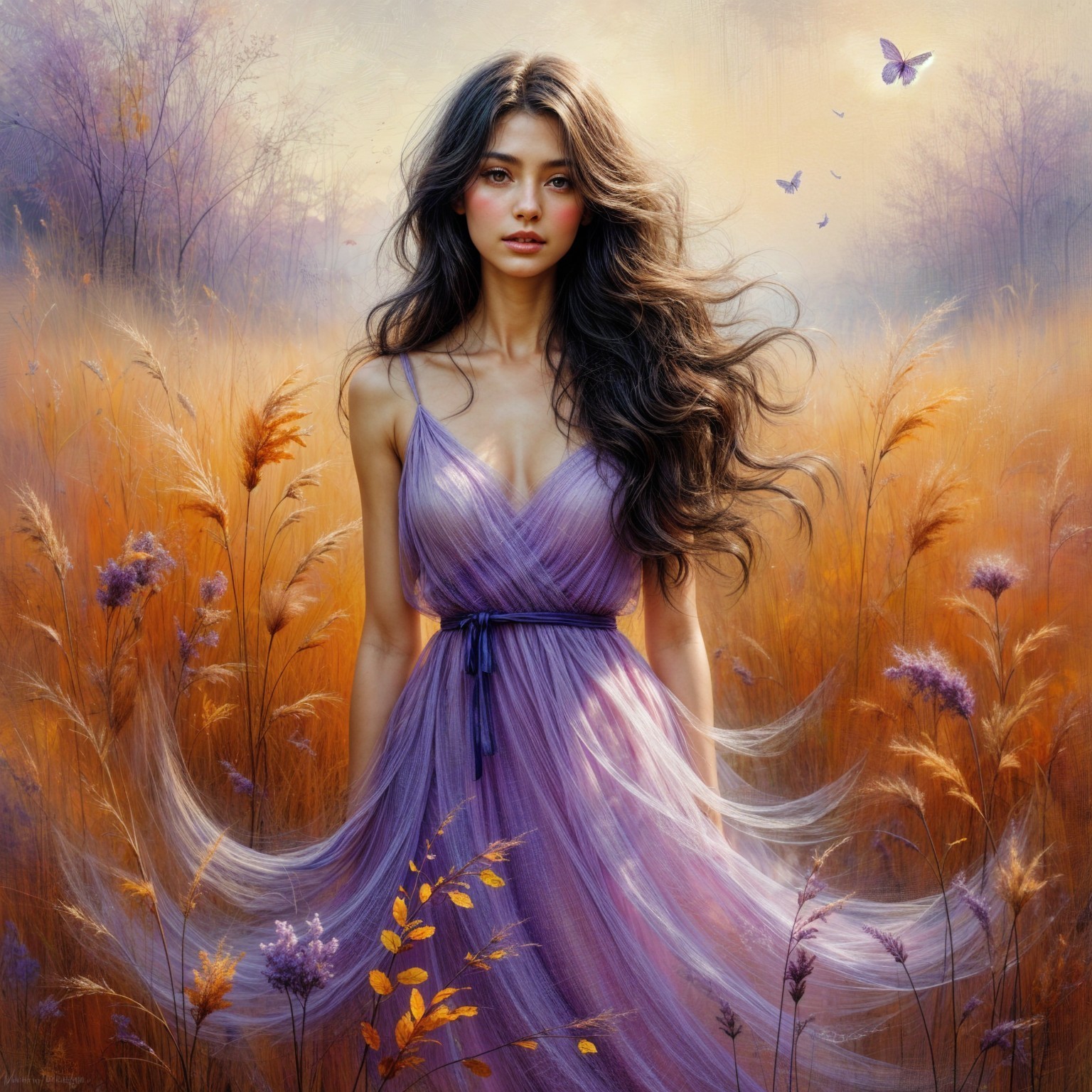 Young woman in lavender dress in golden grass field
