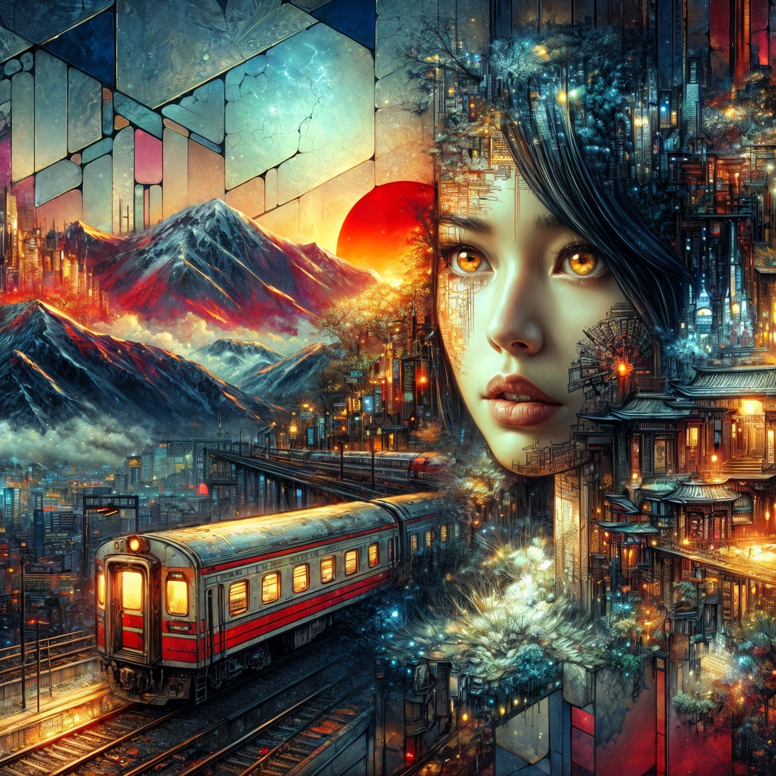Surreal Futuristic Cityscape with Nature and Sunset