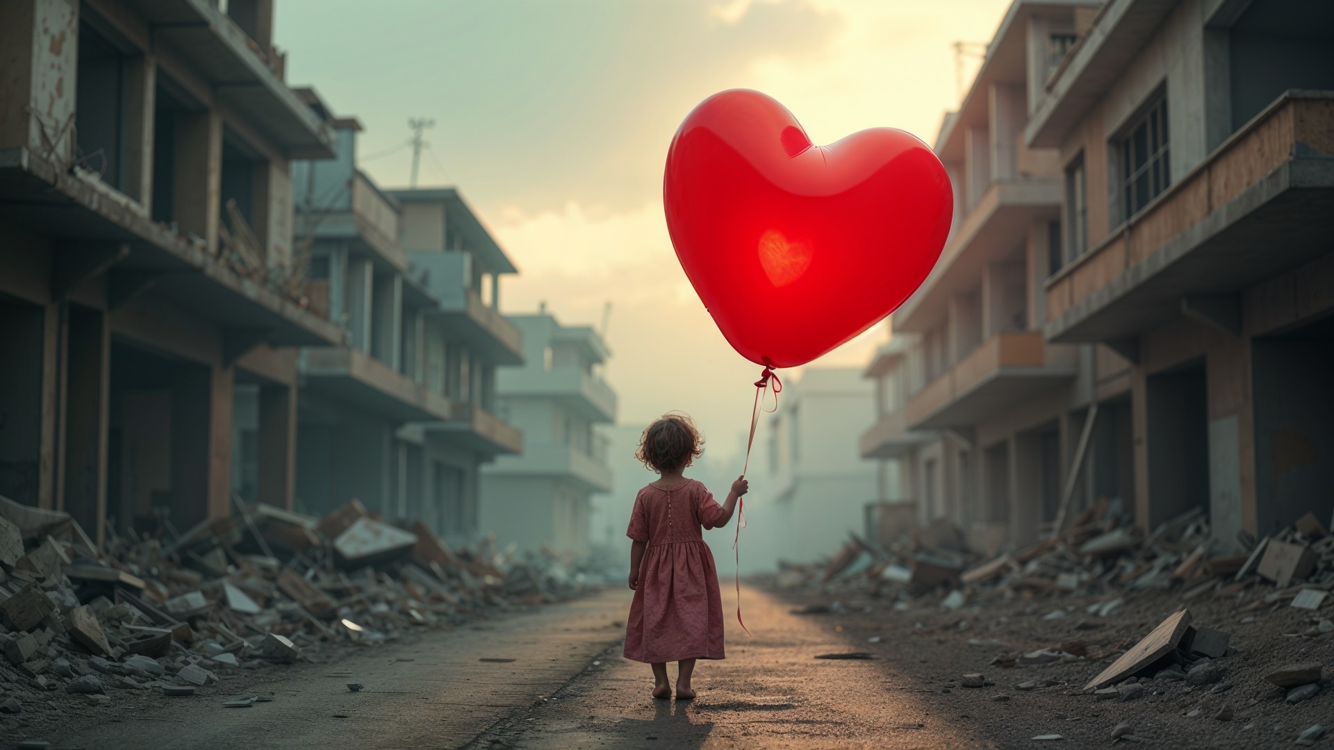 Child with red balloon in desolate urban landscape