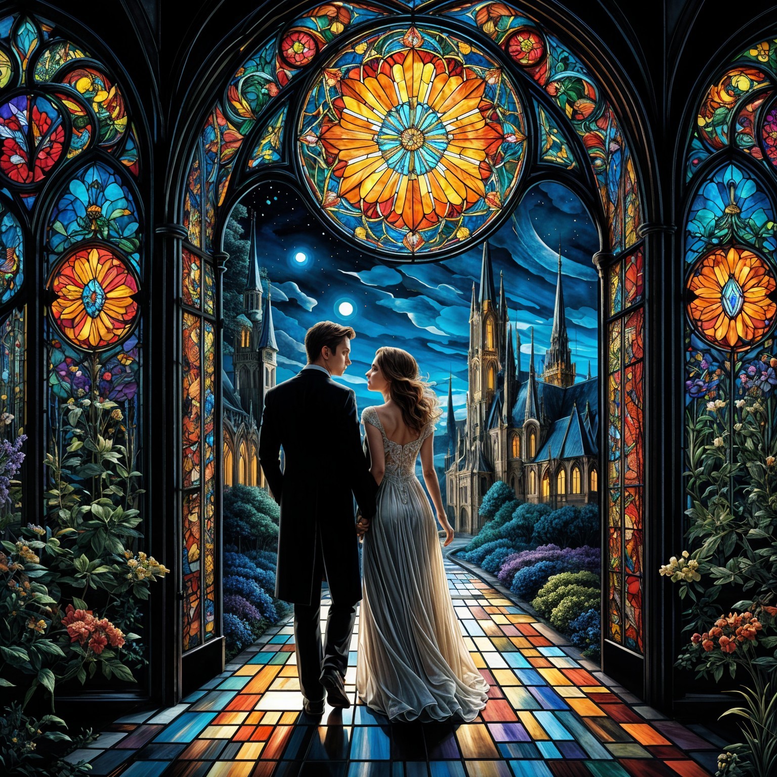 Couple Silhouetted by Stained Glass Archway at Night