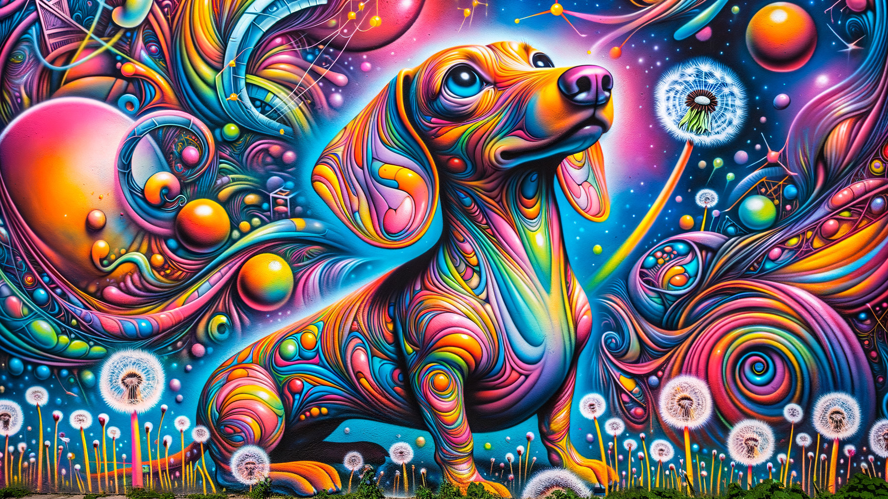 Colorful Abstract Mural of a Dachshund and Dandelions