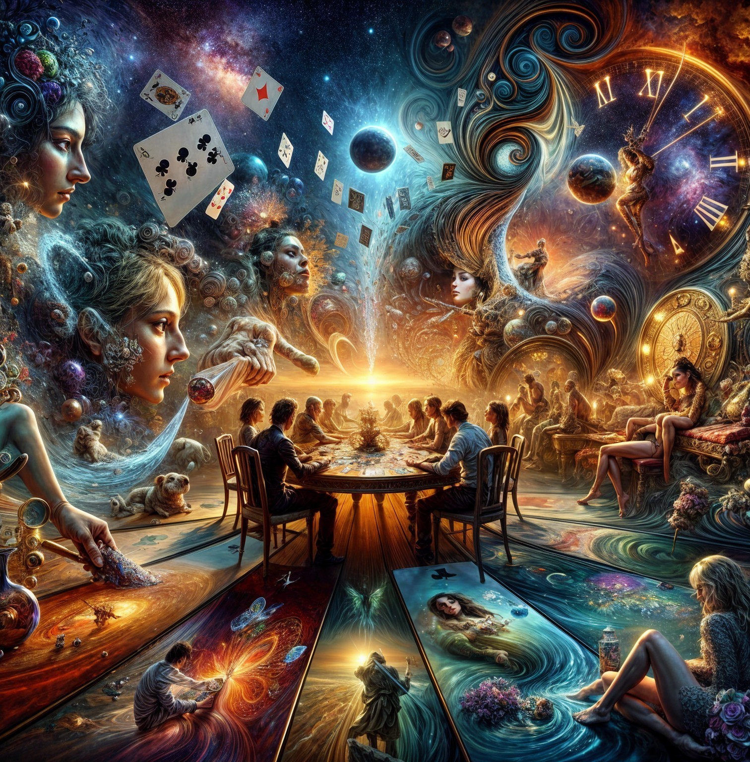 Surreal Cosmic Gathering with Ethereal Figures and Symbols