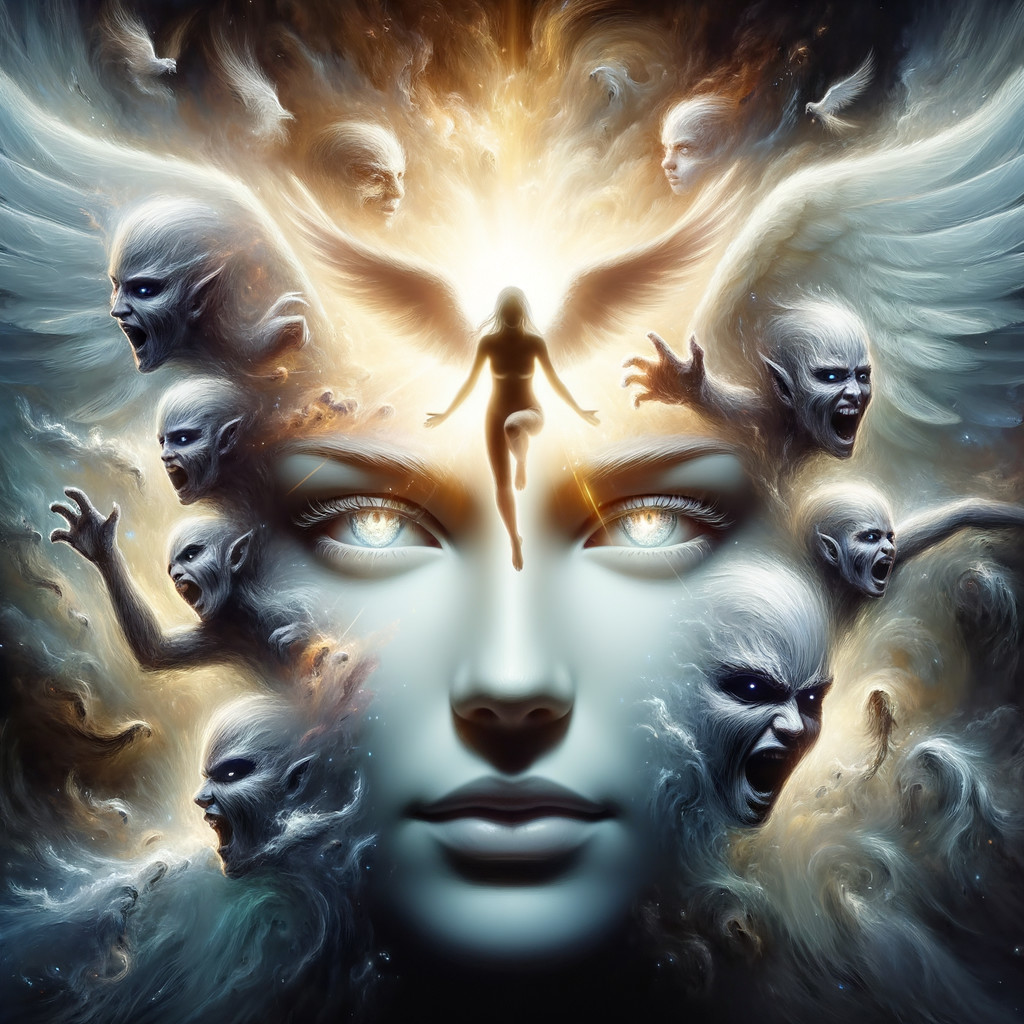 Central figure with serene expression and ethereal faces