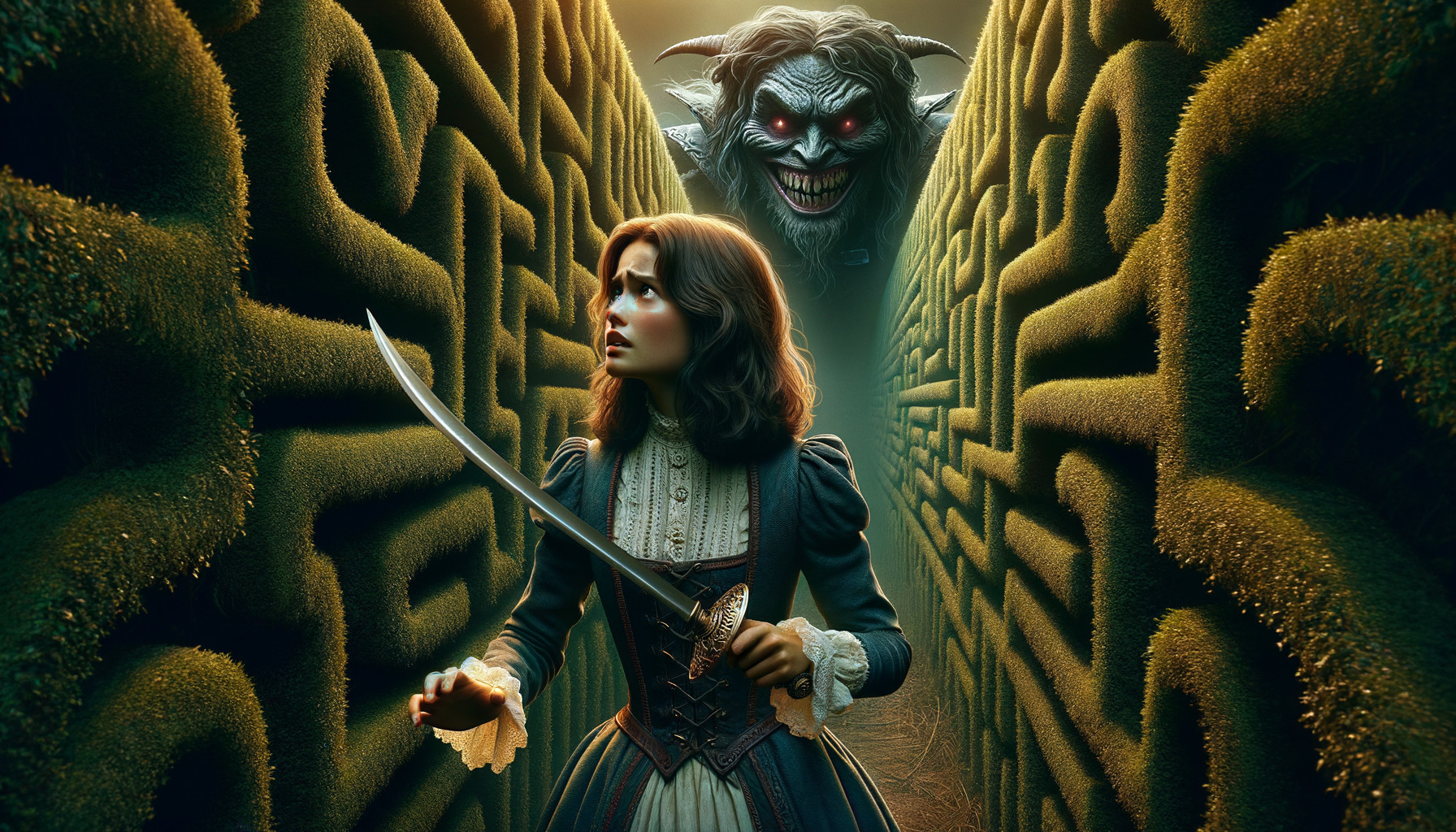 Young woman with sword in eerie green maze setting