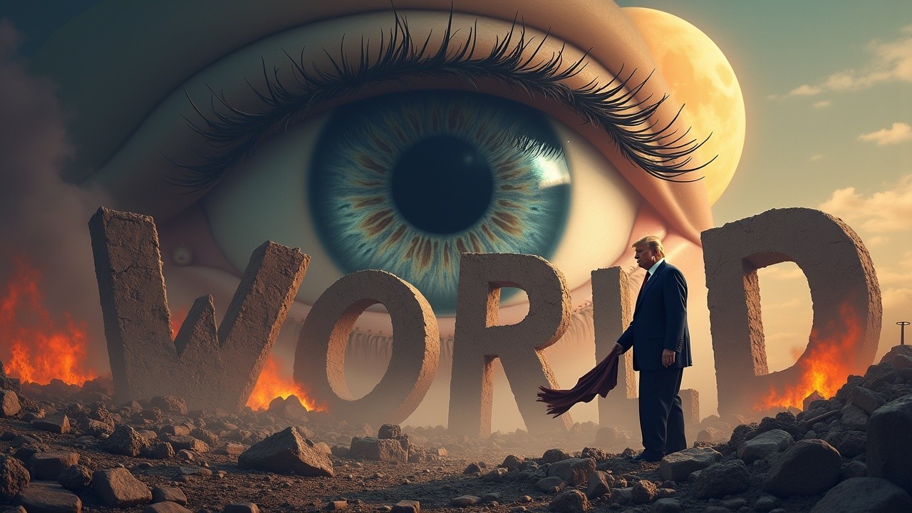Surreal Scene with Crumbling Letters and Eye