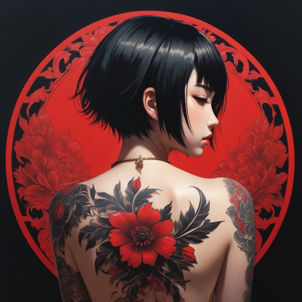 Woman with Black Hairstyle and Floral Tattoo