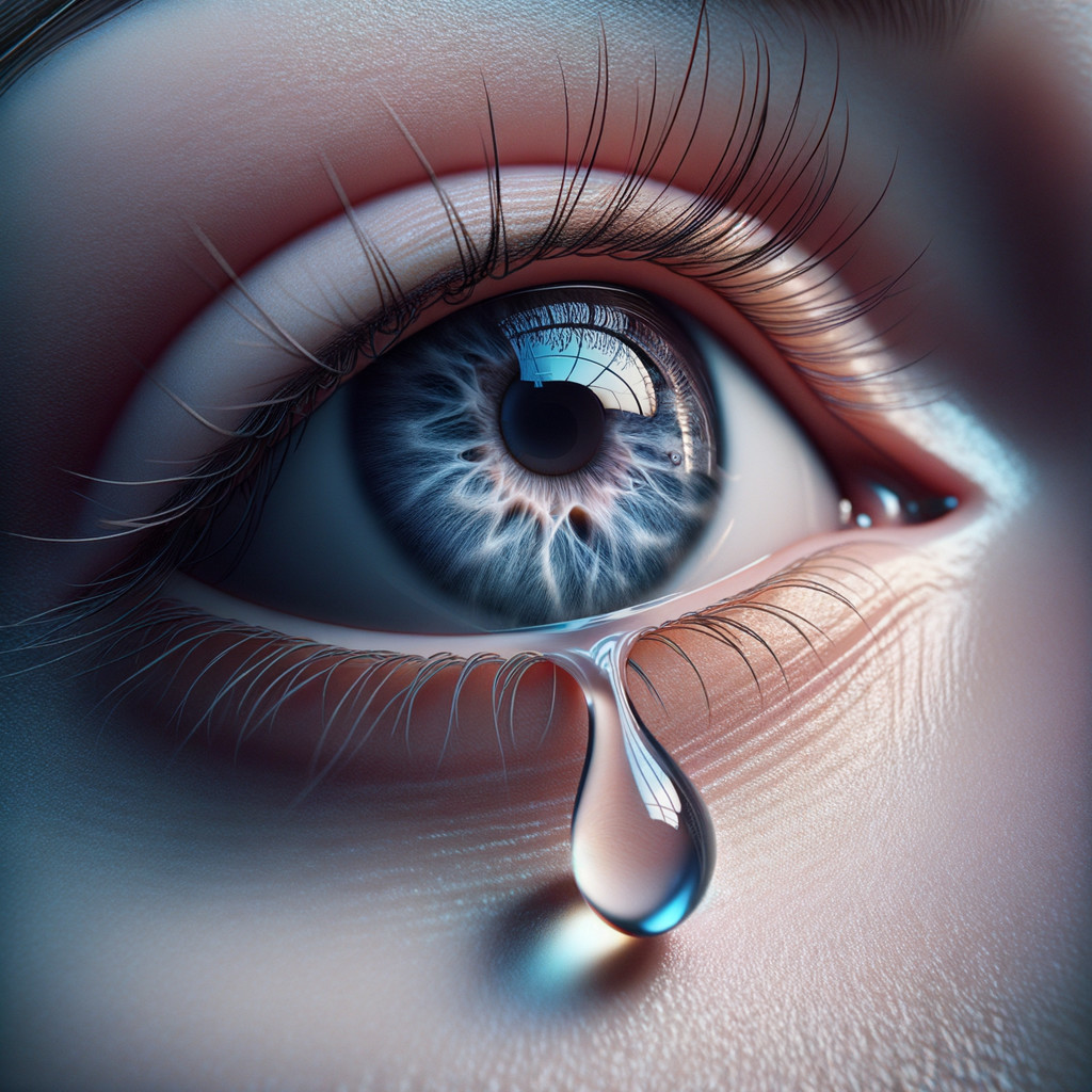 Close-up of a detailed human eye with tear and reflections