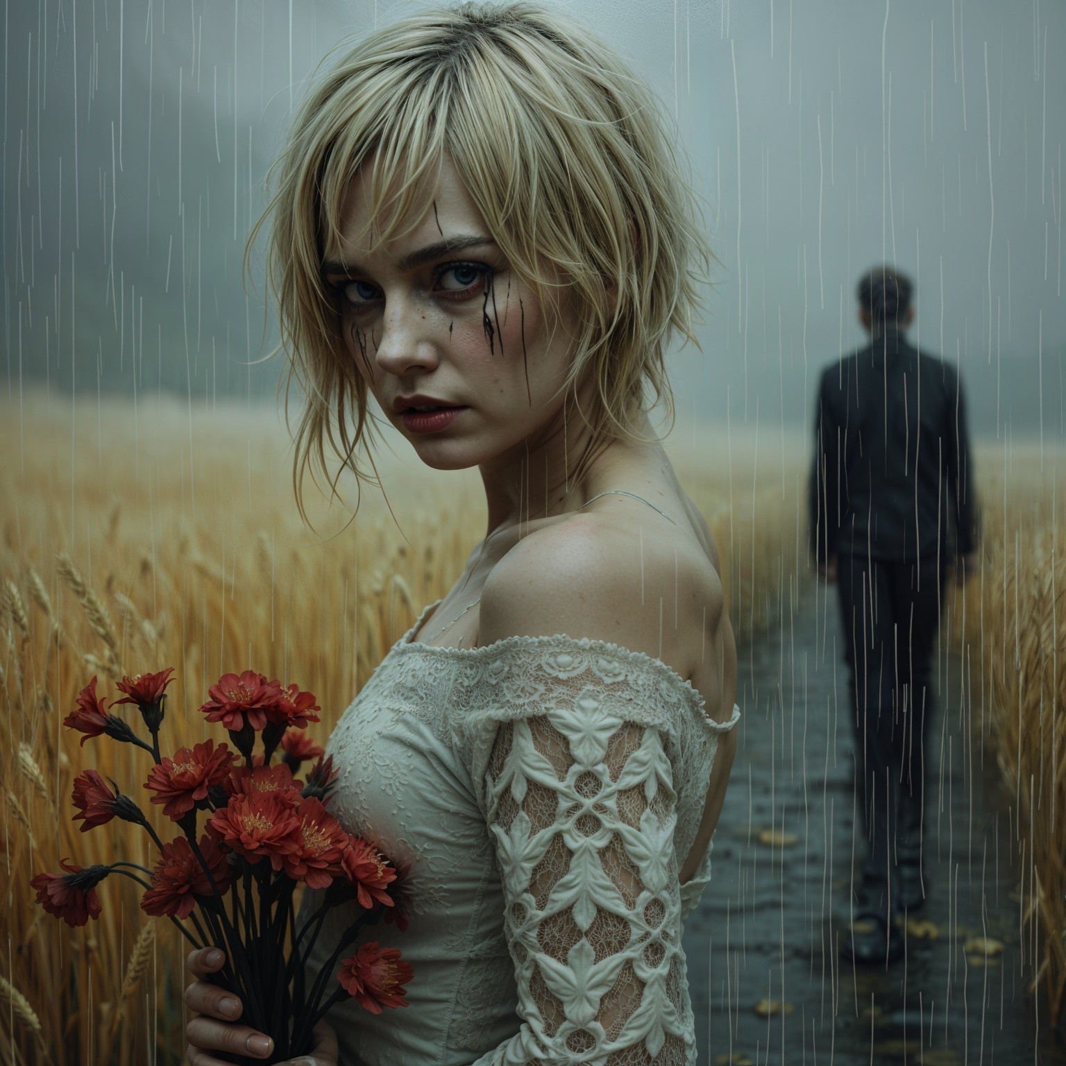 Moody Landscape with Woman in Wheat Field and Flowers